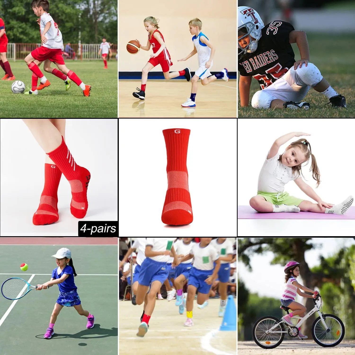 4-Pair Cotton Grip Soccer Scoks Kids Youth Toddler Non-slip Sports Sock Football Basketball Rugby Yoga Pilates
