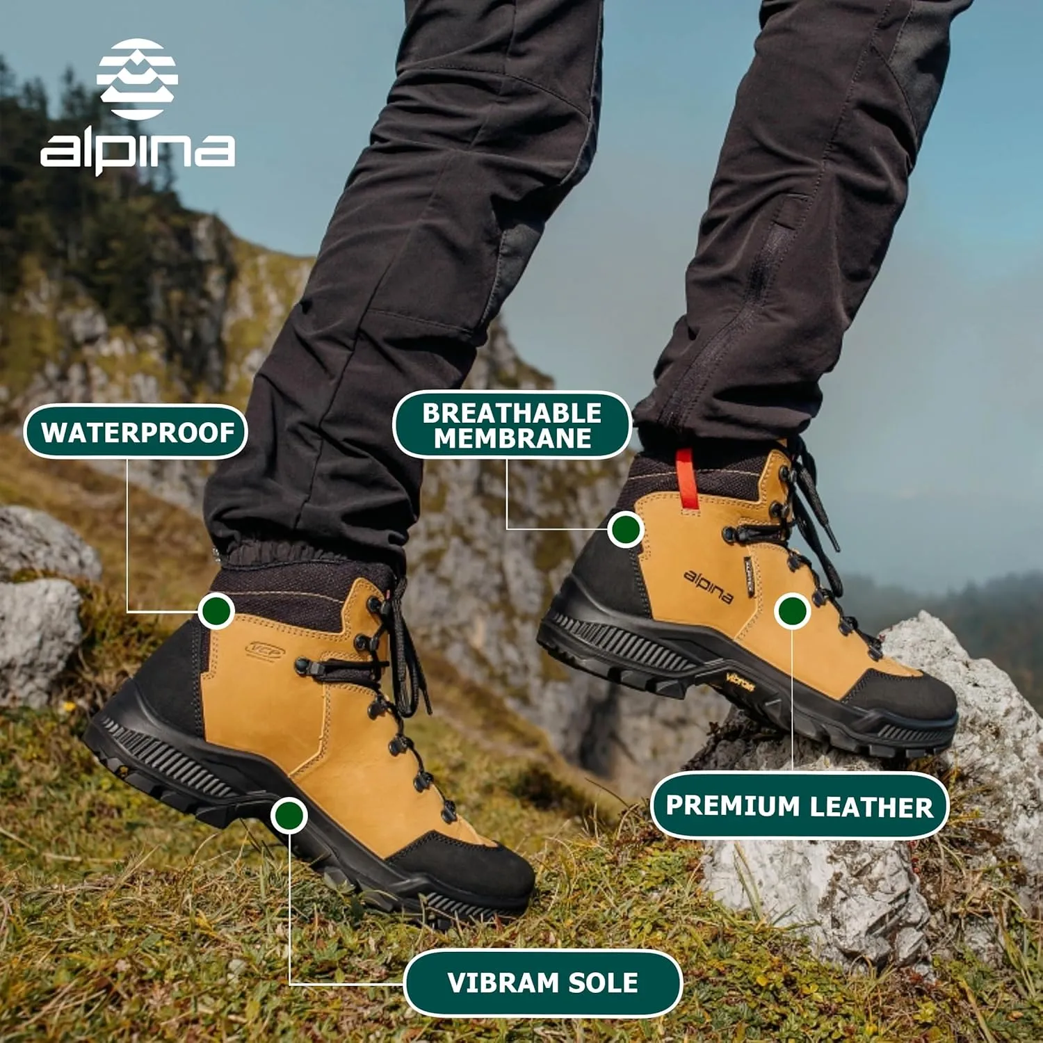 Alpina Stador Premium Hiking Boots | Ankle High | Waterproof | Breathable Membrane | Vibram Sole | Slip Resistant | Made in Europe