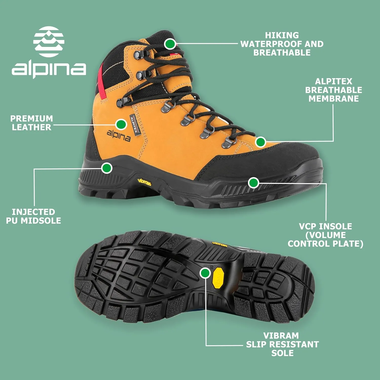 Alpina Stador Premium Hiking Boots | Ankle High | Waterproof | Breathable Membrane | Vibram Sole | Slip Resistant | Made in Europe