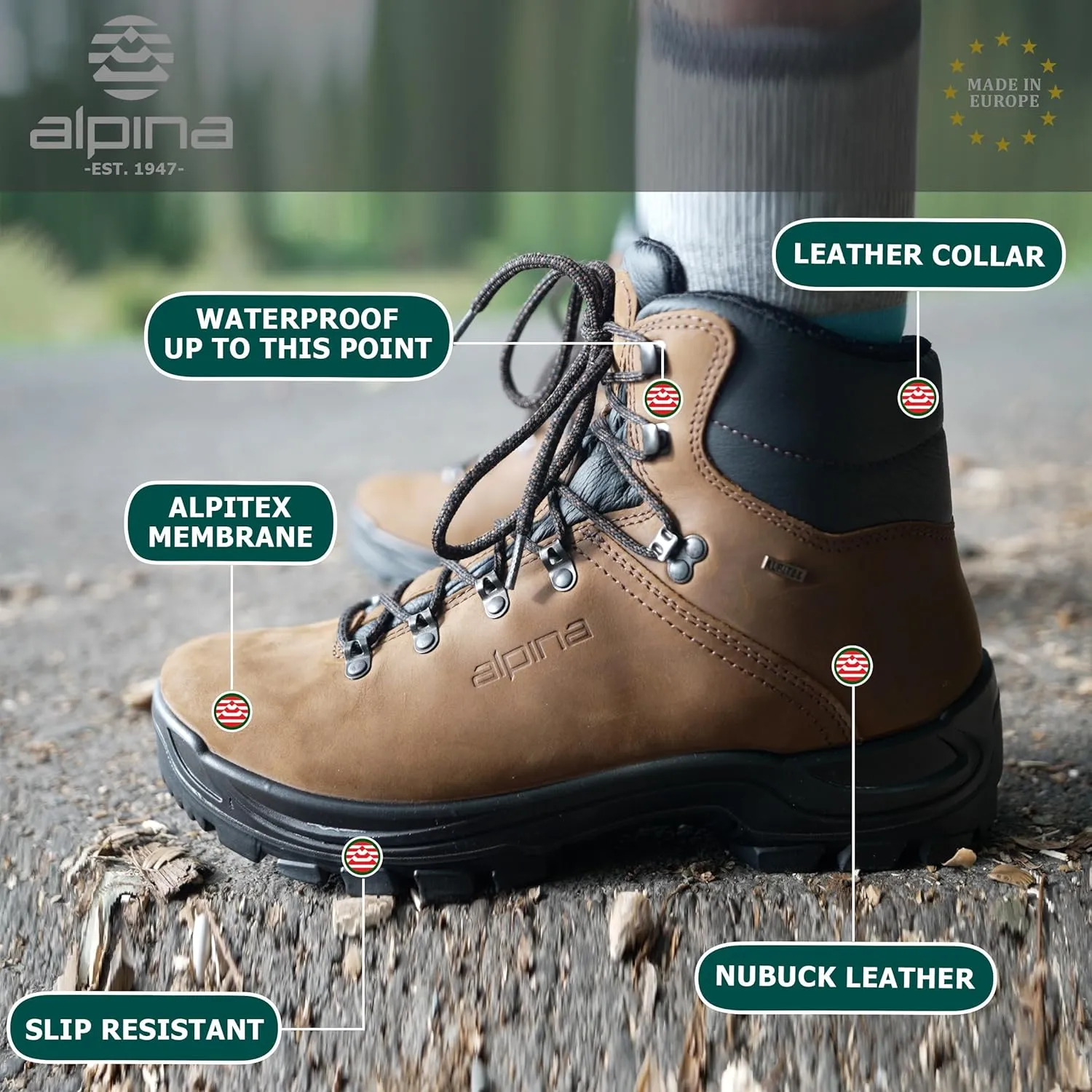 Alpina TUNDRA Men's Boots | Waterproof Leather Ankle High Shoes | Premium Leather | Lightweight | Breathable Membrane | Slip Resistant | Hand Made in Europe