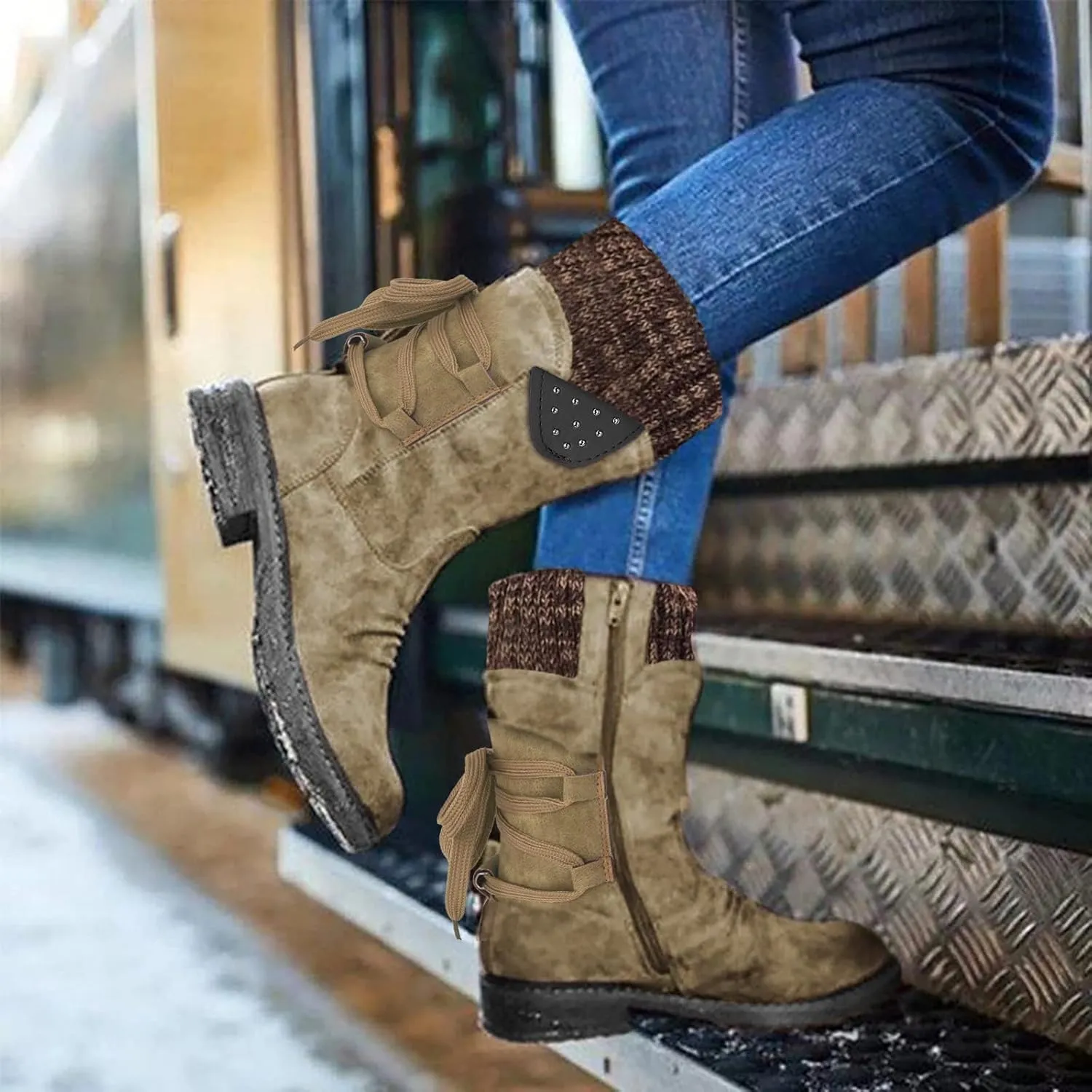 AMDBEL Cowboy Boots for Women, Snow Boots For Women Round Toe Zipper Flat Mid Boots Winter Warm Buckle Strap Snow Boots