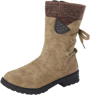 AMDBEL Cowboy Boots for Women, Snow Boots For Women Round Toe Zipper Flat Mid Boots Winter Warm Buckle Strap Snow Boots