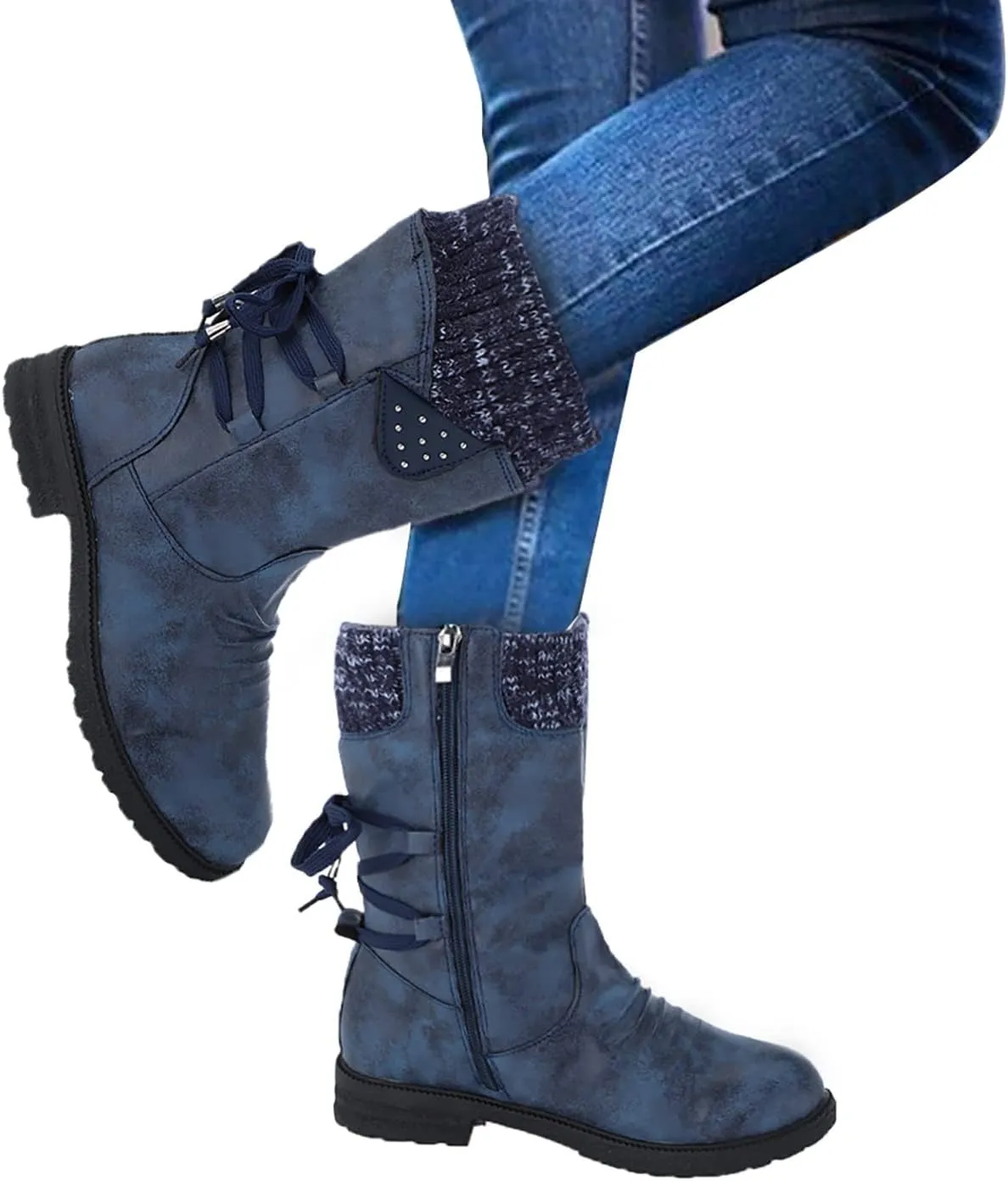 AMDBEL Fall Boots for Women 2023 Cowboy Boots,Vintage Knee High Boots Lace Up Boots Chunky Heels Retro Gothic Mid Calf Boots