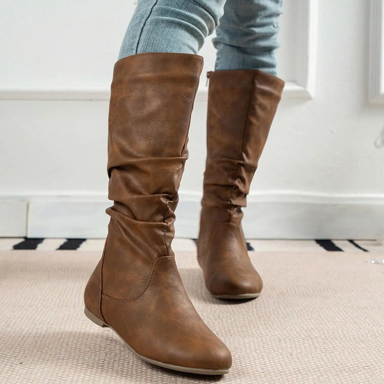 AMDBEL Mid Calf Boots for Women Flat Heel Fall Boots for Women 2024 Winter Zipper Western Long Boots Casual Booties Shoes