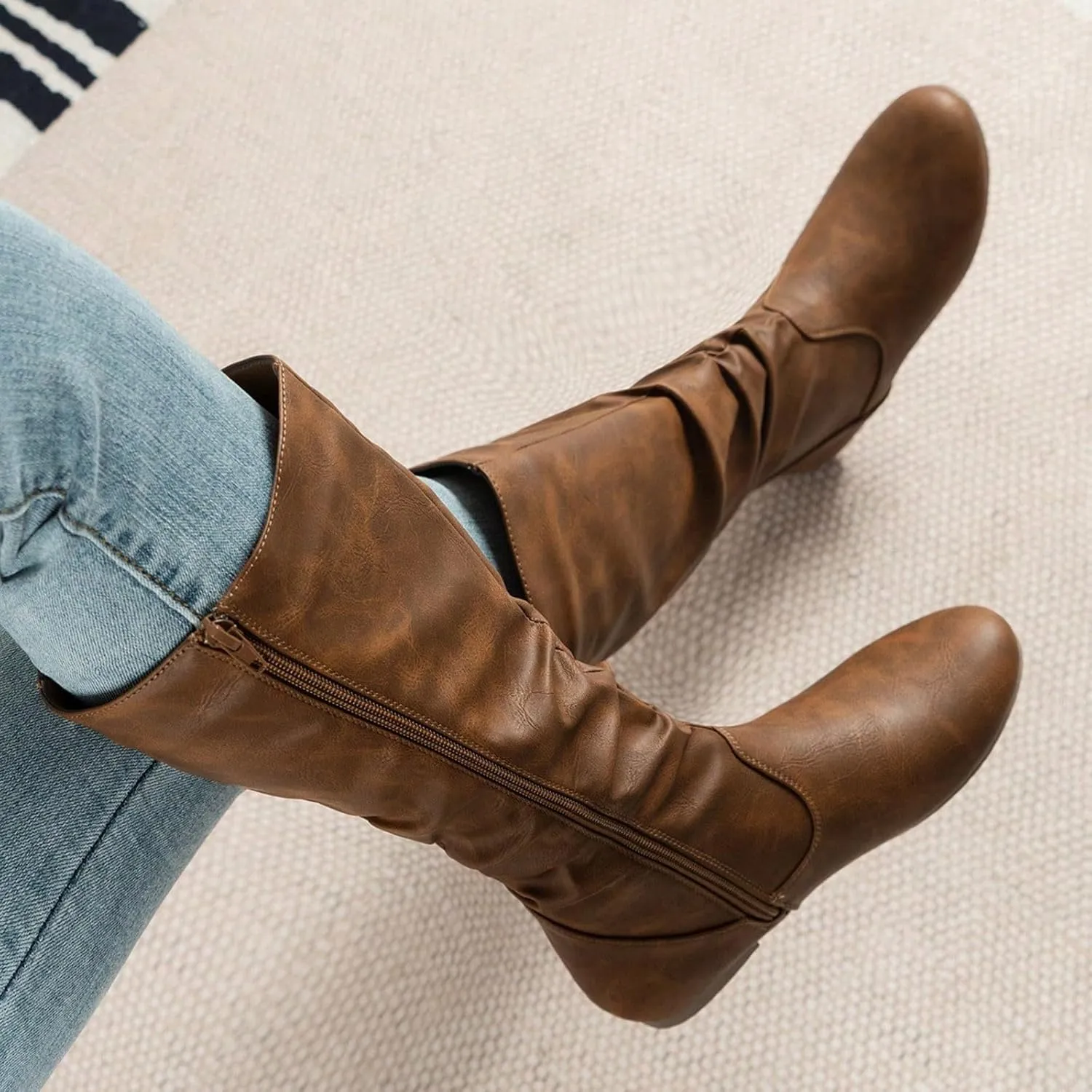 AMDBEL Mid Calf Boots for Women Flat Heel Fall Boots for Women 2024 Winter Zipper Western Long Boots Casual Booties Shoes
