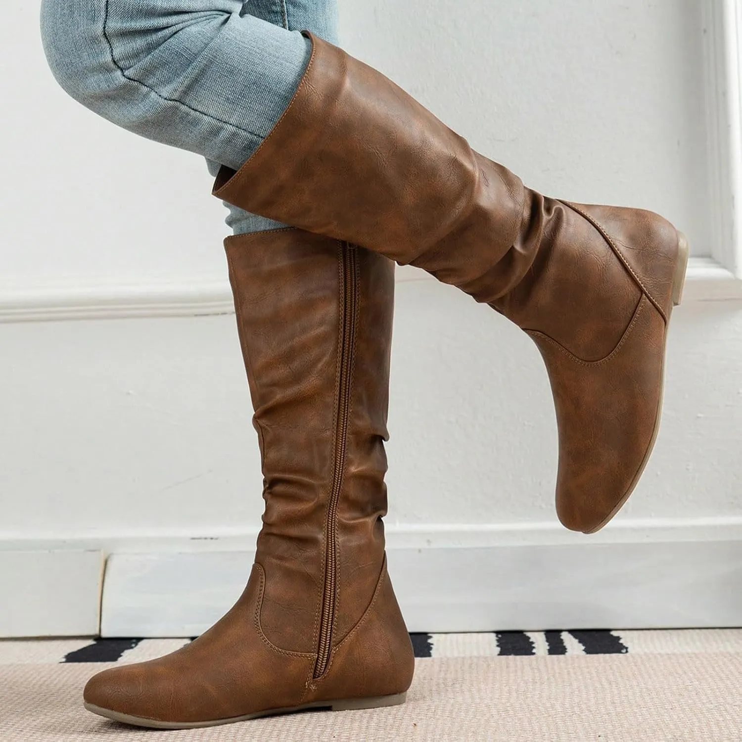AMDBEL Mid Calf Boots for Women Flat Heel Fall Boots for Women 2024 Winter Zipper Western Long Boots Casual Booties Shoes