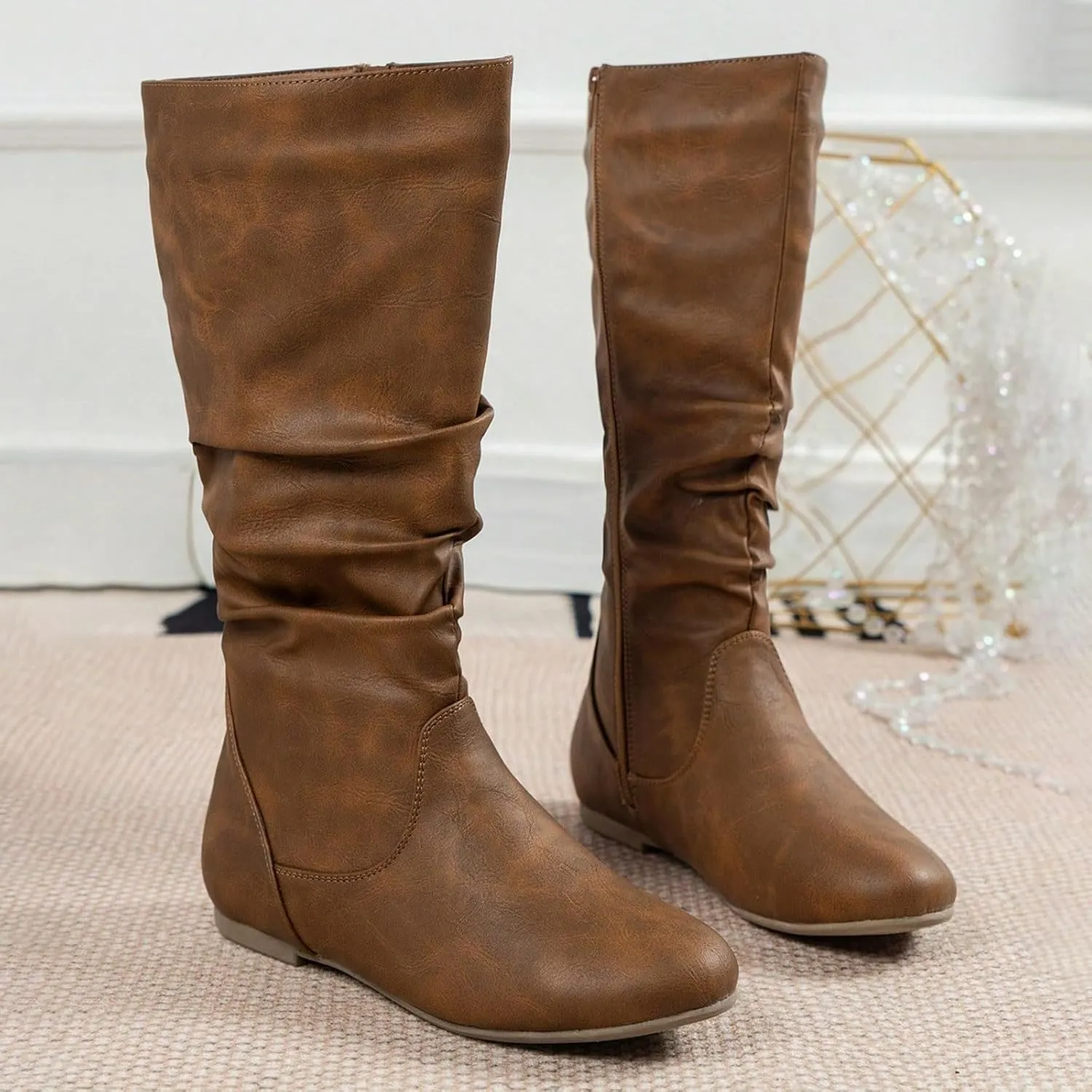 AMDBEL Mid Calf Boots for Women Flat Heel Fall Boots for Women 2024 Winter Zipper Western Long Boots Casual Booties Shoes