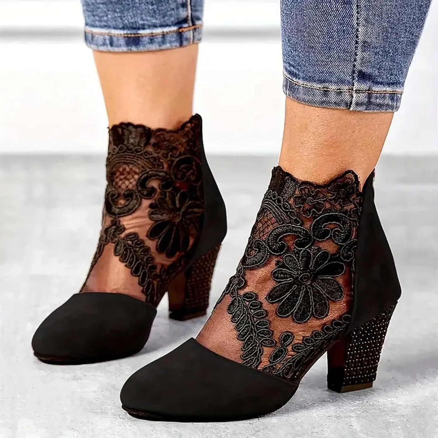 Ankle Booties for Women Floral Mesh Breathable Boots Lace Splicing Suede Booties Back Zipper Chunky Heel Summer Dress Shoes