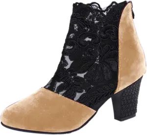 Ankle Booties for Women Floral Mesh Breathable Boots Lace Splicing Suede Booties Back Zipper Chunky Heel Summer Dress Shoes