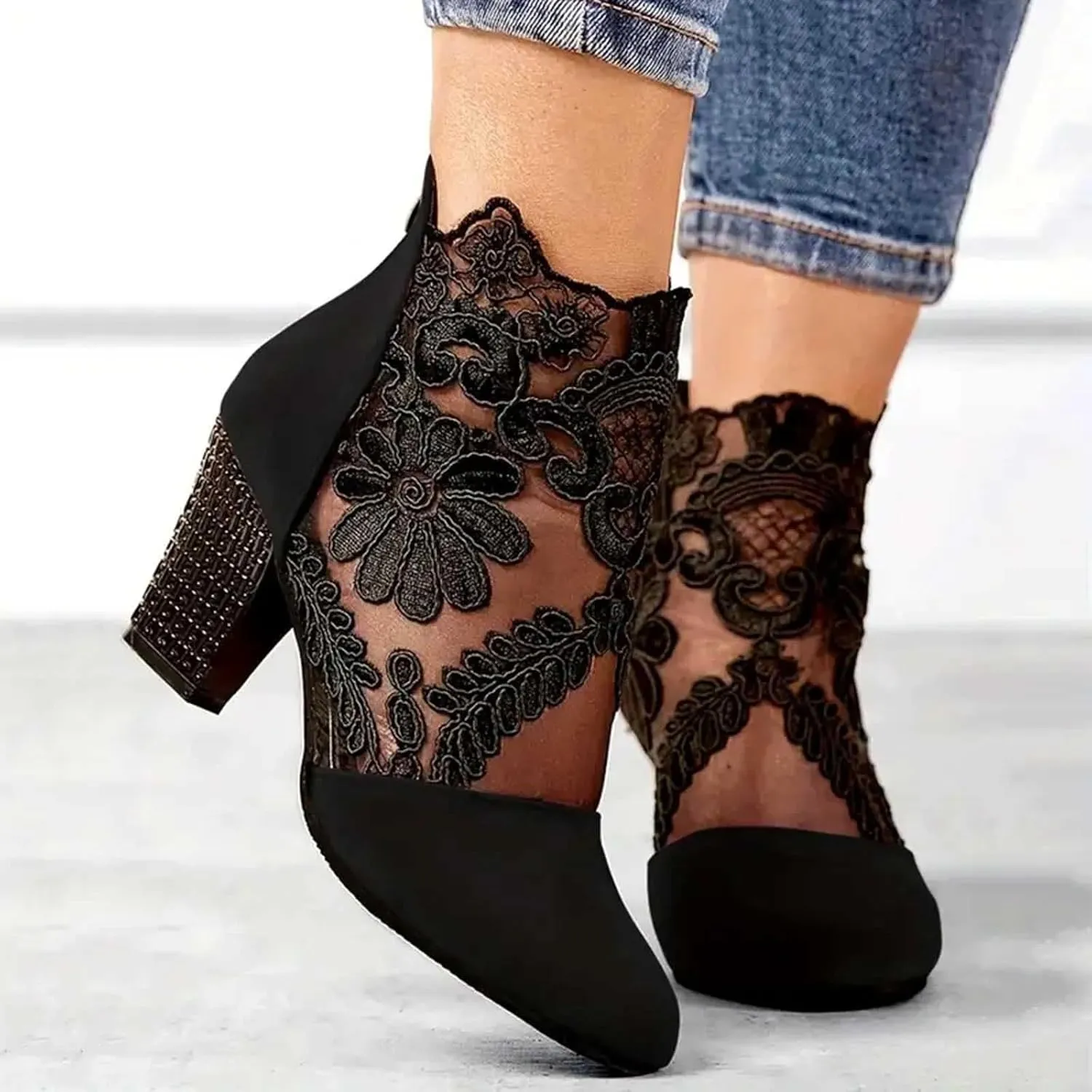 Ankle Booties for Women Floral Mesh Breathable Boots Lace Splicing Suede Booties Back Zipper Chunky Heel Summer Dress Shoes