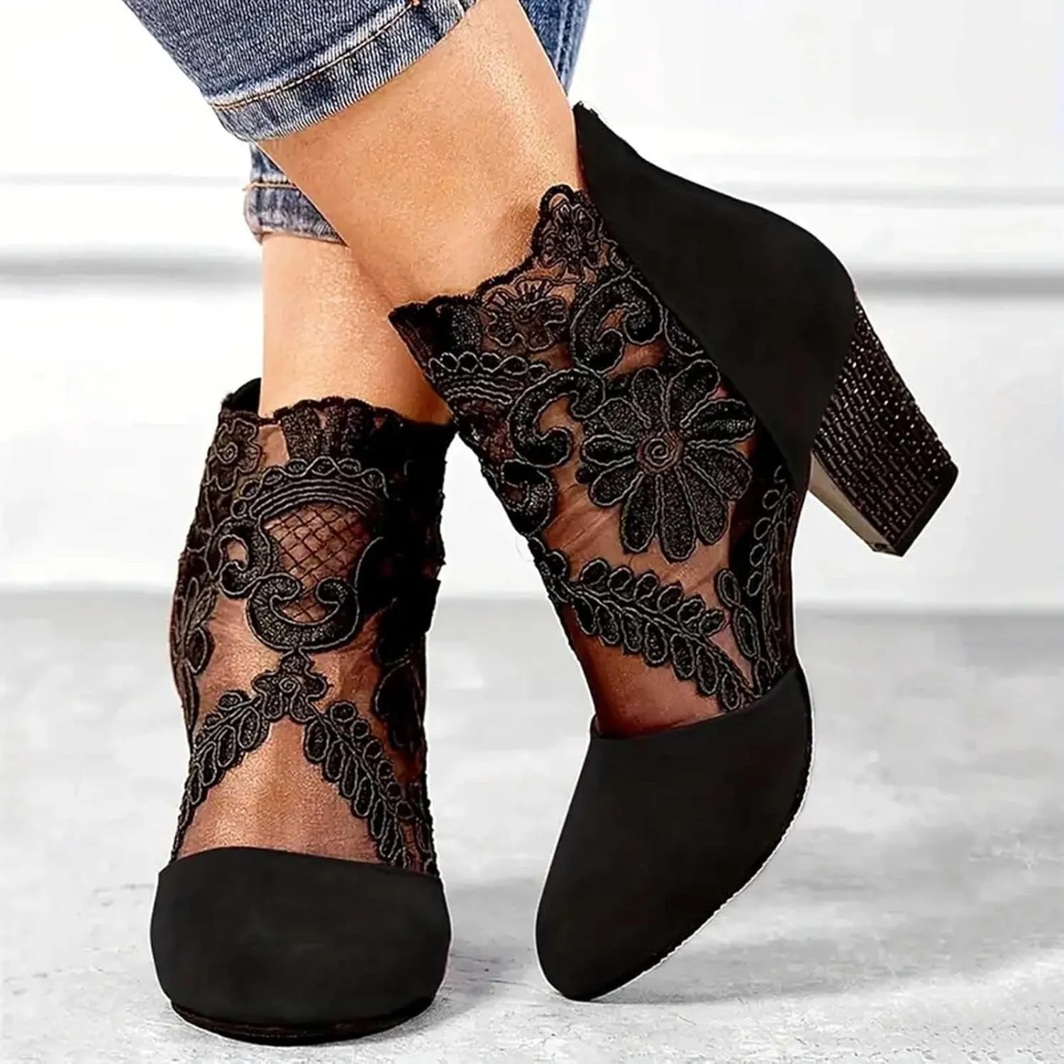 Ankle Booties for Women Floral Mesh Breathable Boots Lace Splicing Suede Booties Back Zipper Chunky Heel Summer Dress Shoes