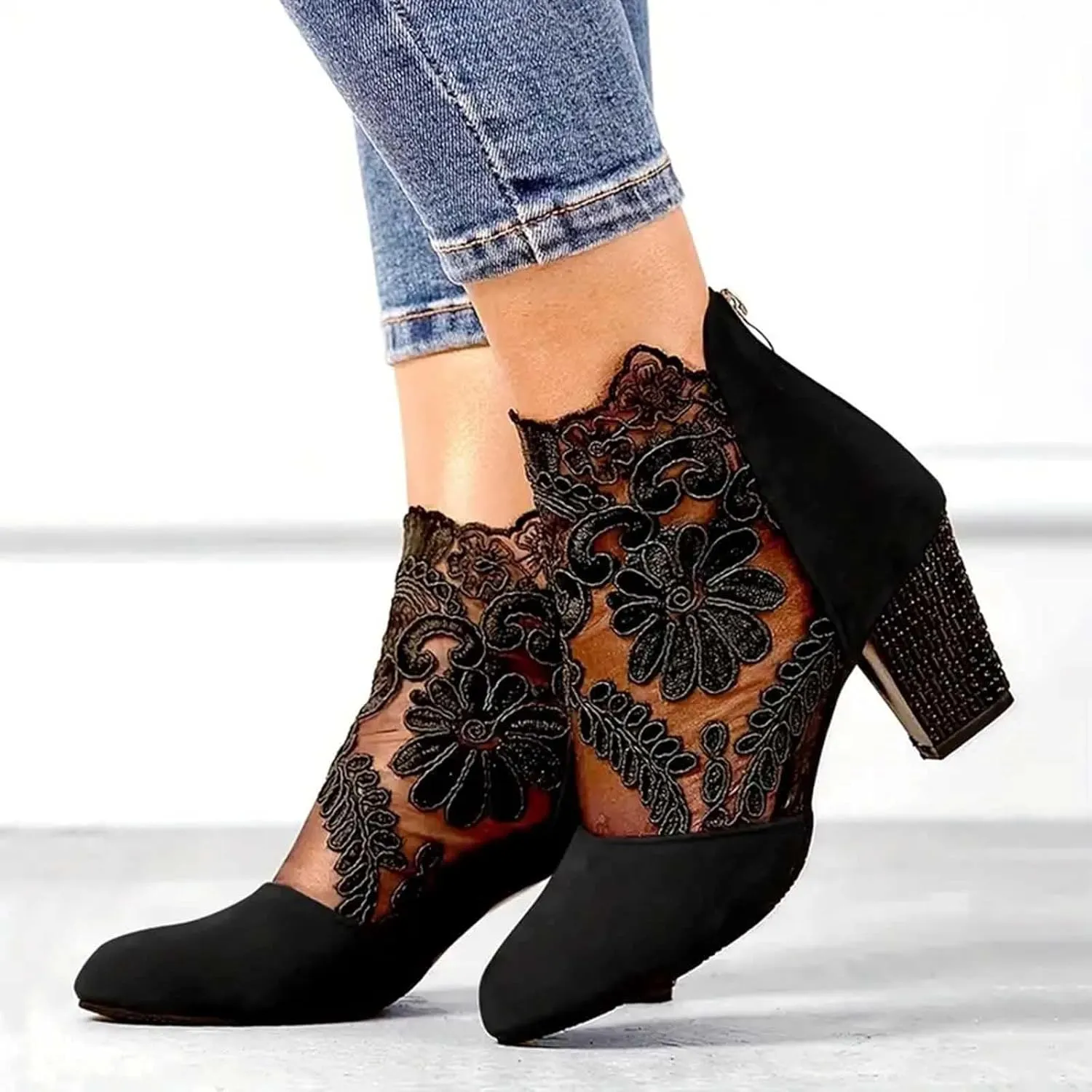 Ankle Booties for Women Floral Mesh Breathable Boots Lace Splicing Suede Booties Back Zipper Chunky Heel Summer Dress Shoes