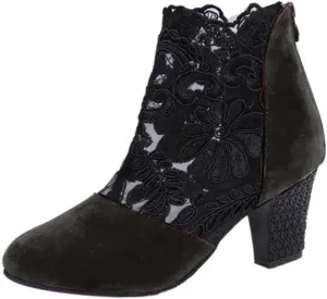 Ankle Booties for Women Floral Mesh Breathable Boots Lace Splicing Suede Booties Back Zipper Chunky Heel Summer Dress Shoes