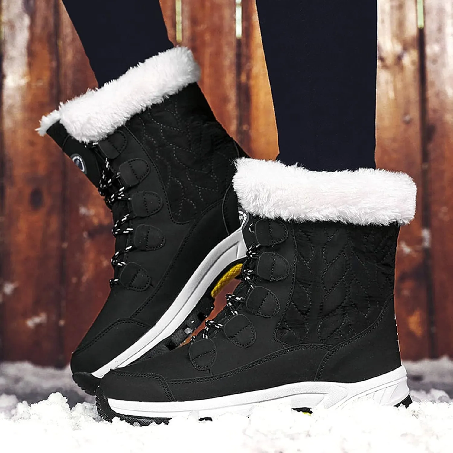 Ankle Boots for Women Comfy Warm Round Toe Leather Waterproof Lace Up Flat Heel Snow Boots Women's Long Boots