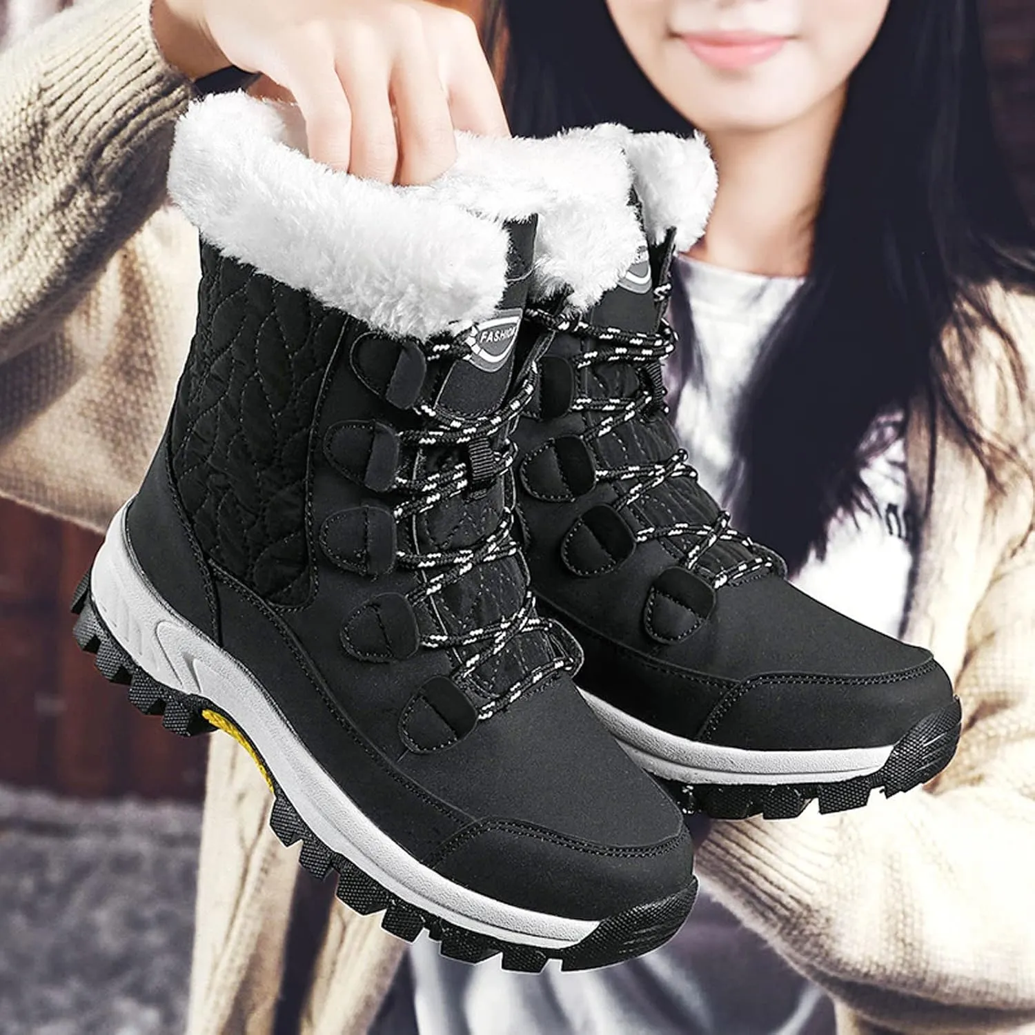 Ankle Boots for Women Comfy Warm Round Toe Leather Waterproof Lace Up Flat Heel Snow Boots Women's Long Boots