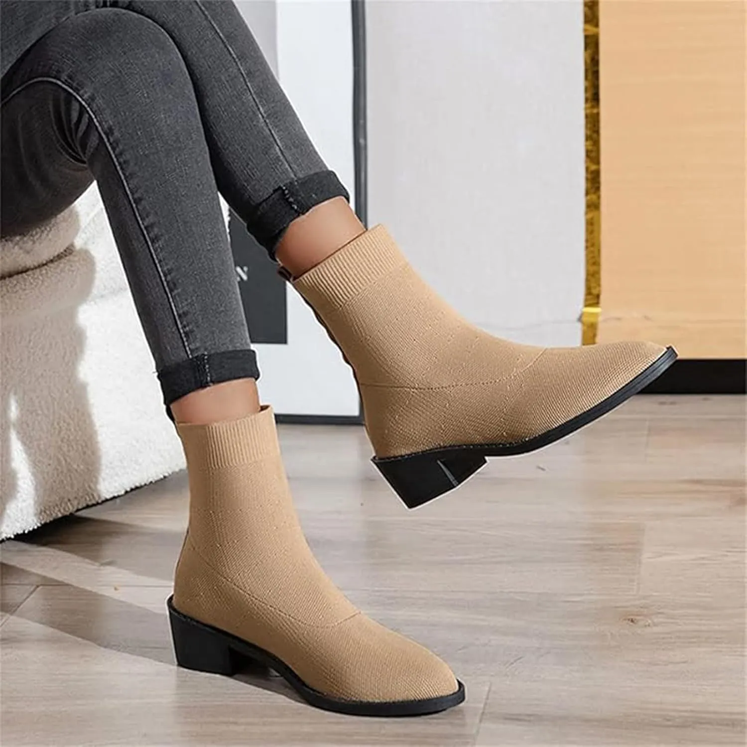 Ankle Boots for Women Fall Winter Knit Breathable Knit Stretch Shoes Pointed Toe Square Heel Sleeve Short Booties
