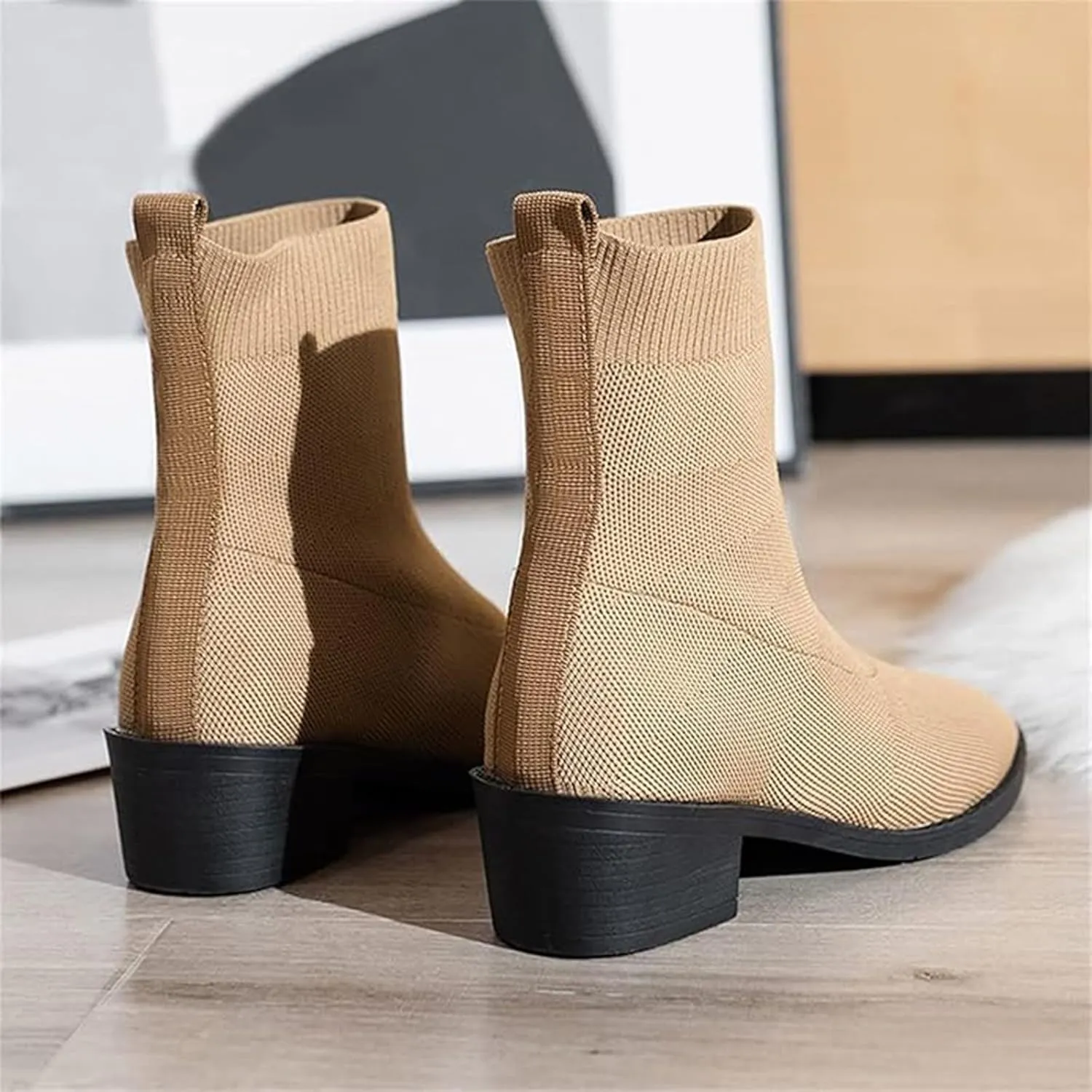 Ankle Boots for Women Fall Winter Knit Breathable Knit Stretch Shoes Pointed Toe Square Heel Sleeve Short Booties