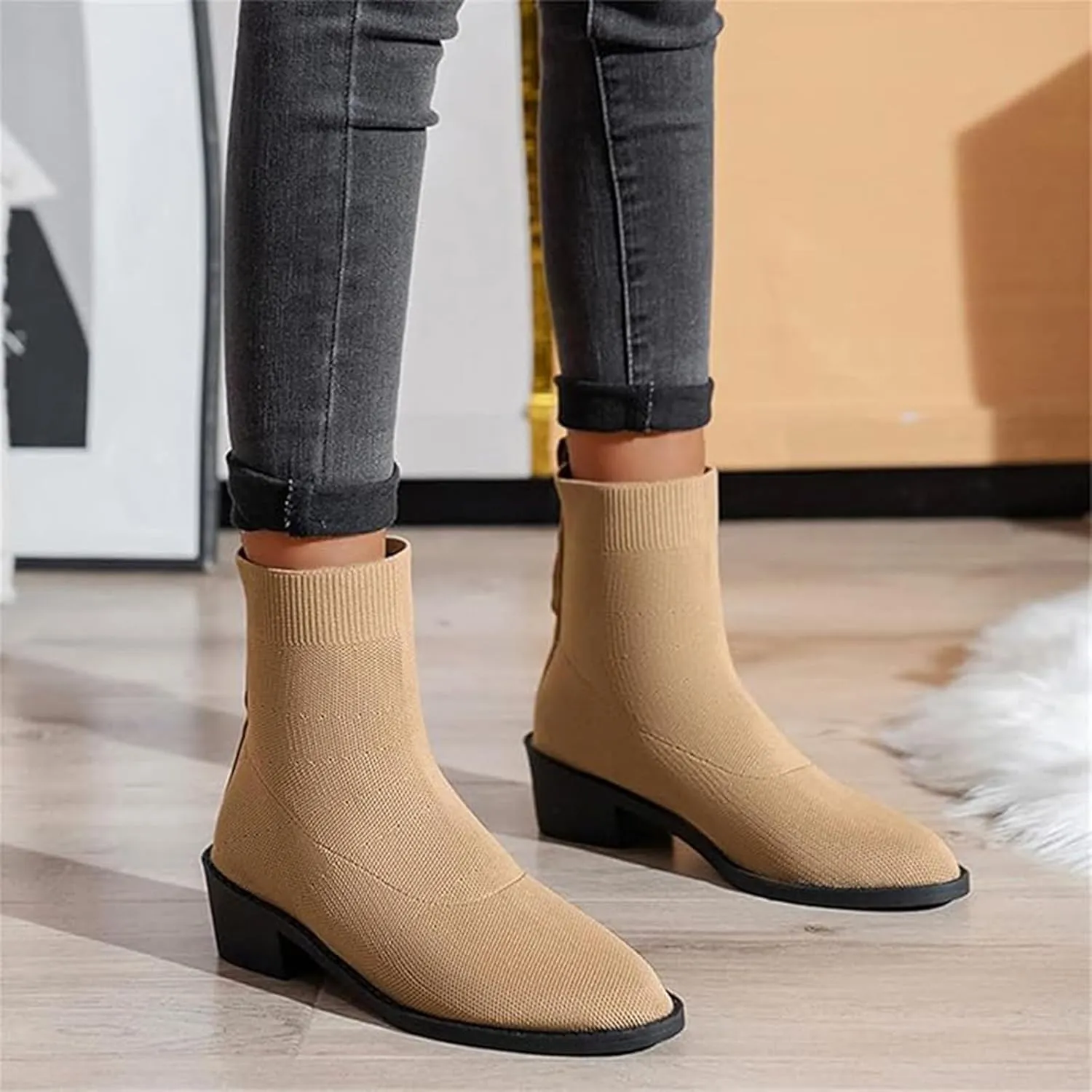 Ankle Boots for Women Fall Winter Knit Breathable Knit Stretch Shoes Pointed Toe Square Heel Sleeve Short Booties