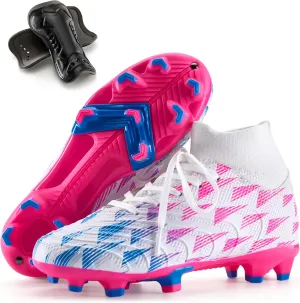 Boys Girls Soccer Cleats High Top Lightweight Training Football Shoes Little Big Kid Youth Firm Ground Athletic Outdoor Turf Indoor Lace Up Non-Slip Comfortable Durable Flexible Traction Breathable