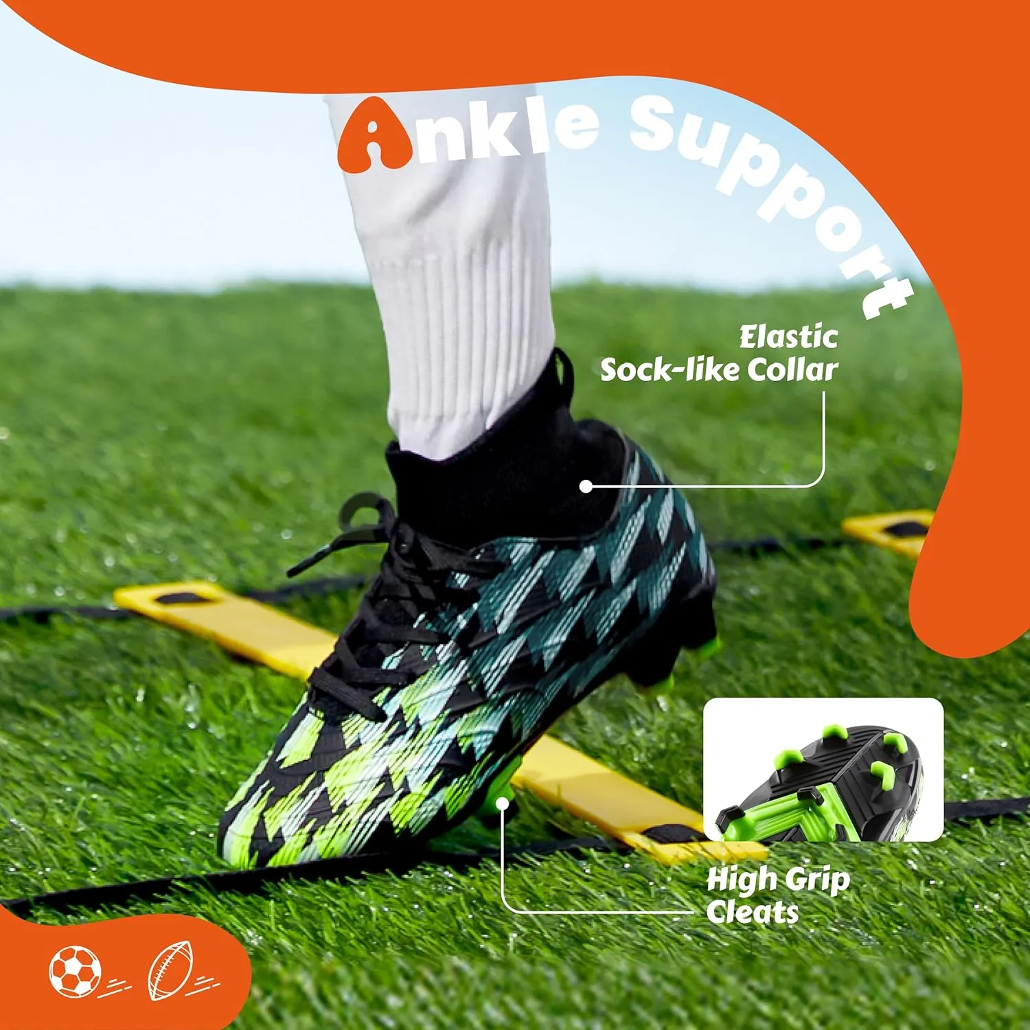 Boys Girls Soccer Cleats High Top Lightweight Training Football Shoes Little Big Kid Youth Firm Ground Athletic Outdoor Turf Indoor Lace Up Non-Slip Comfortable Durable Flexible Traction Breathable