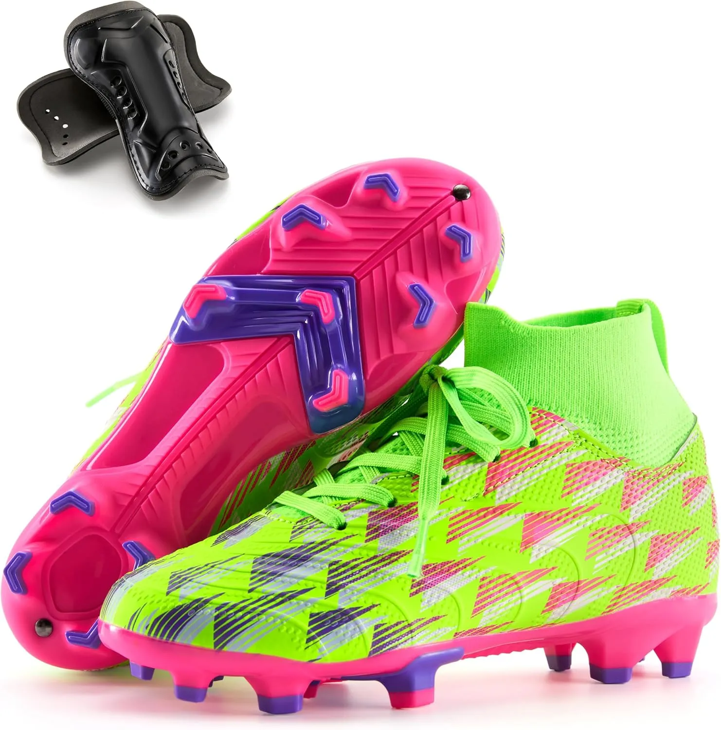 Boys Girls Soccer Cleats High Top Lightweight Training Football Shoes Little Big Kid Youth Firm Ground Athletic Outdoor Turf Indoor Lace Up Non-Slip Comfortable Durable Flexible Traction Breathable