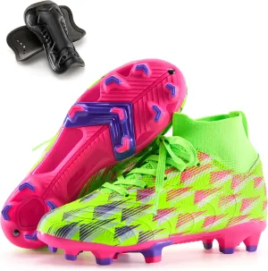 Boys Girls Soccer Cleats High Top Lightweight Training Football Shoes Little Big Kid Youth Firm Ground Athletic Outdoor Turf Indoor Lace Up Non-Slip Comfortable Durable Flexible Traction Breathable