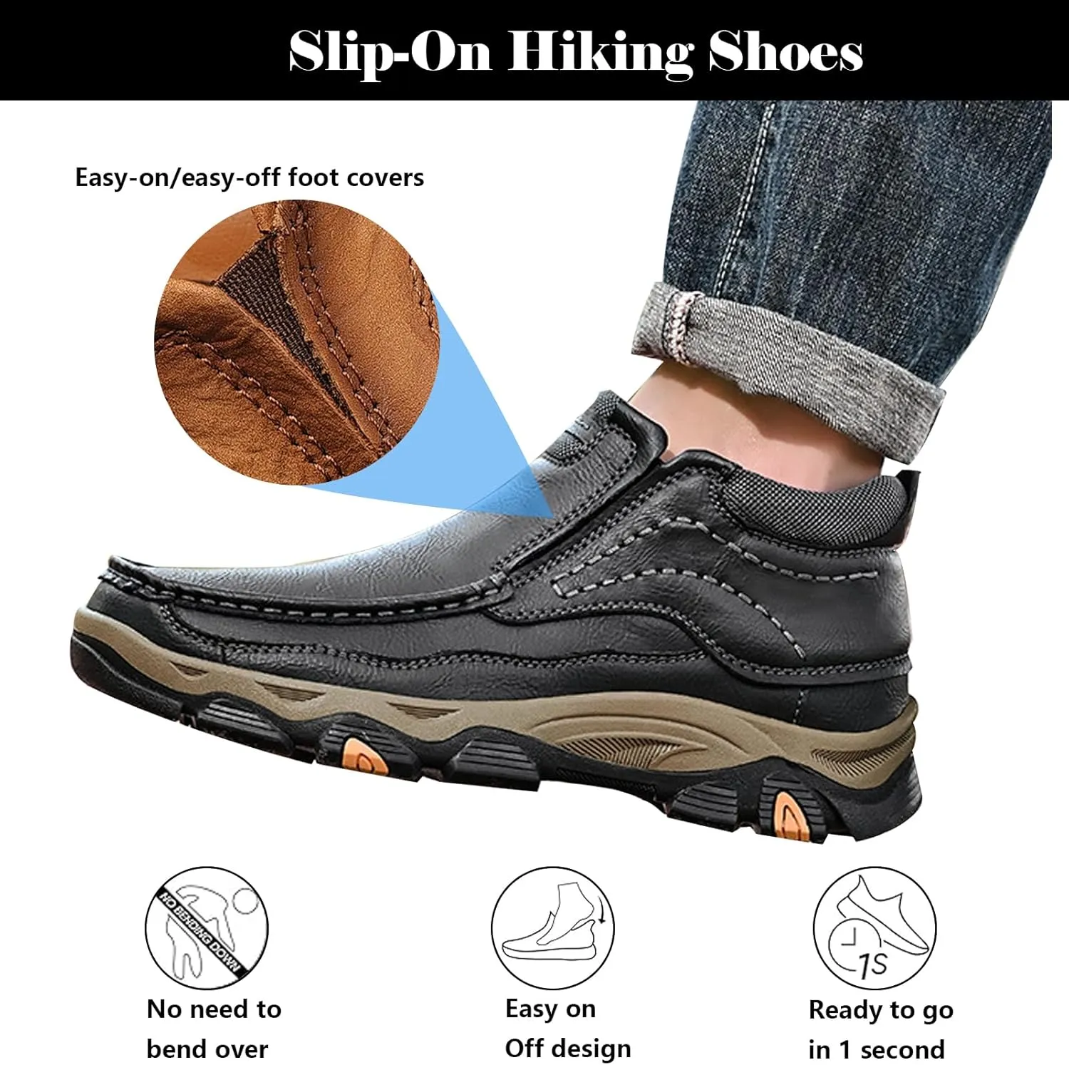 bumuam Men Slip on Loafers, Waterproof Leather Hiking Boots, Work Walking Shoes, Causal Comfortable Outdoor Sneakers, Lightweight,Breathable