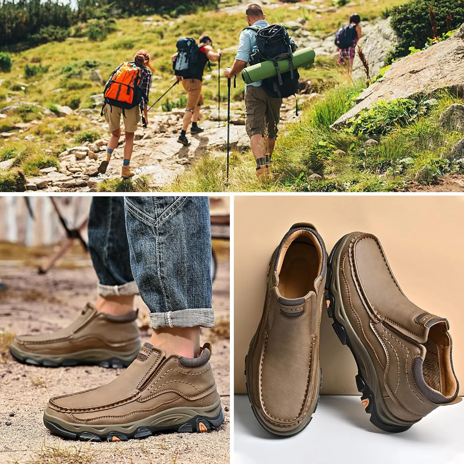 bumuam Men Slip on Loafers, Waterproof Leather Hiking Boots, Work Walking Shoes, Causal Comfortable Outdoor Sneakers, Lightweight,Breathable