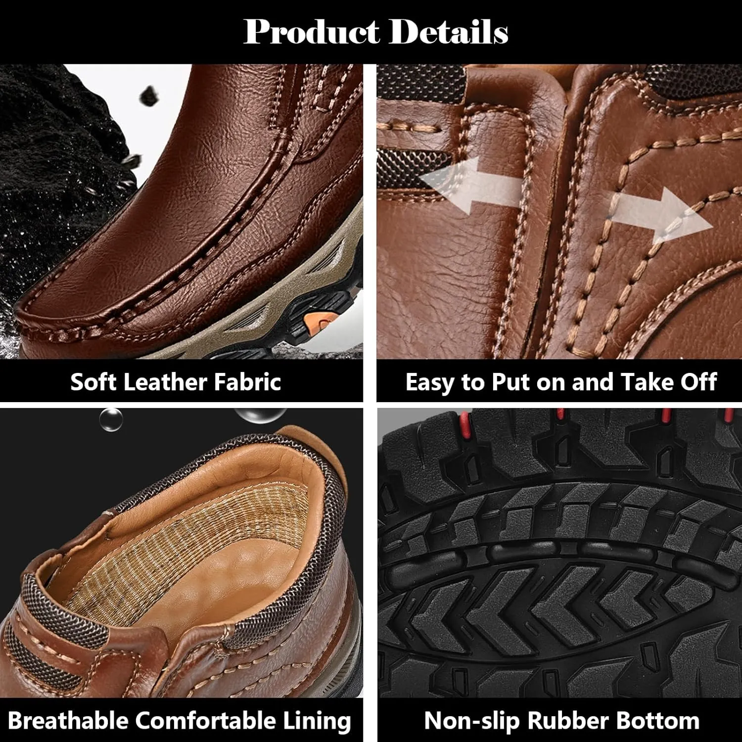 bumuam Men Slip on Loafers, Waterproof Leather Hiking Boots, Work Walking Shoes, Causal Comfortable Outdoor Sneakers, Lightweight,Breathable