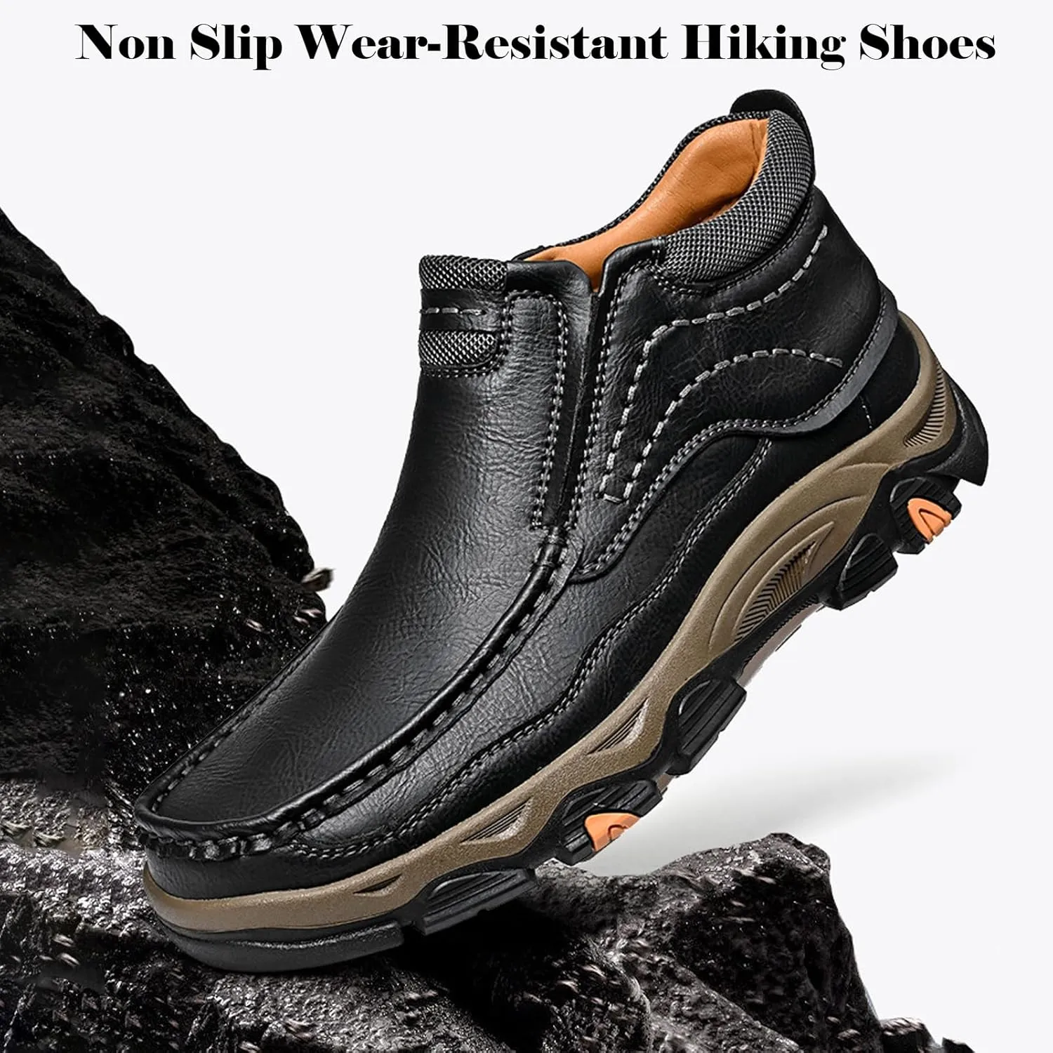bumuam Men Slip on Loafers, Waterproof Leather Hiking Boots, Work Walking Shoes, Causal Comfortable Outdoor Sneakers, Lightweight,Breathable