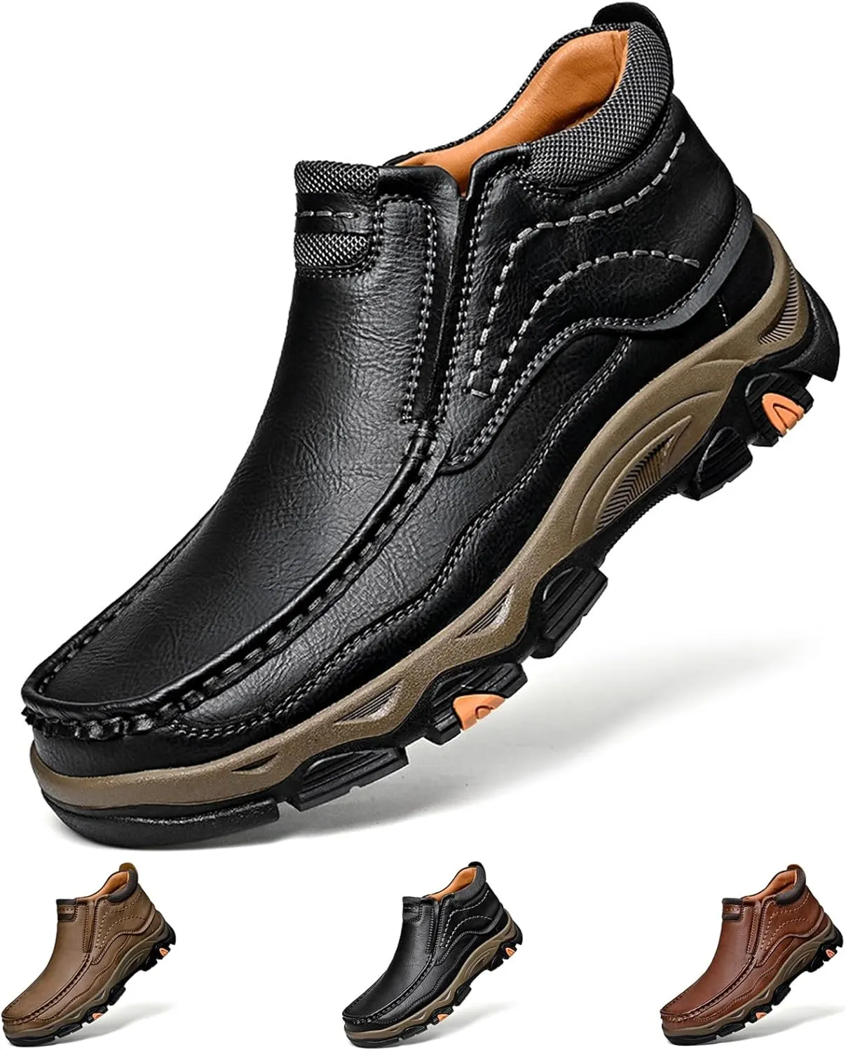 bumuam Men Slip on Loafers, Waterproof Leather Hiking Boots, Work Walking Shoes, Causal Comfortable Outdoor Sneakers, Lightweight,Breathable