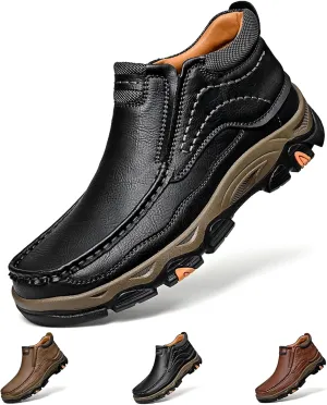 bumuam Men Slip on Loafers, Waterproof Leather Hiking Boots, Work Walking Shoes, Causal Comfortable Outdoor Sneakers, Lightweight,Breathable