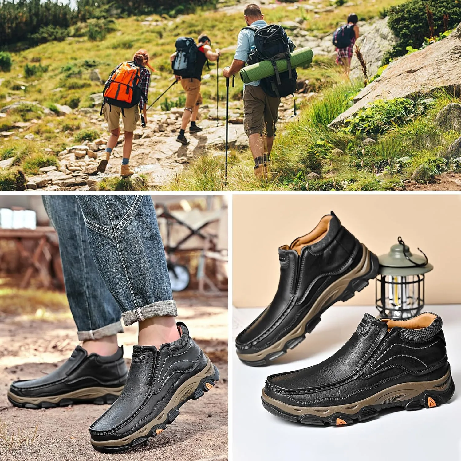 bumuam Men Slip on Loafers, Waterproof Leather Hiking Boots, Work Walking Shoes, Causal Comfortable Outdoor Sneakers, Lightweight,Breathable