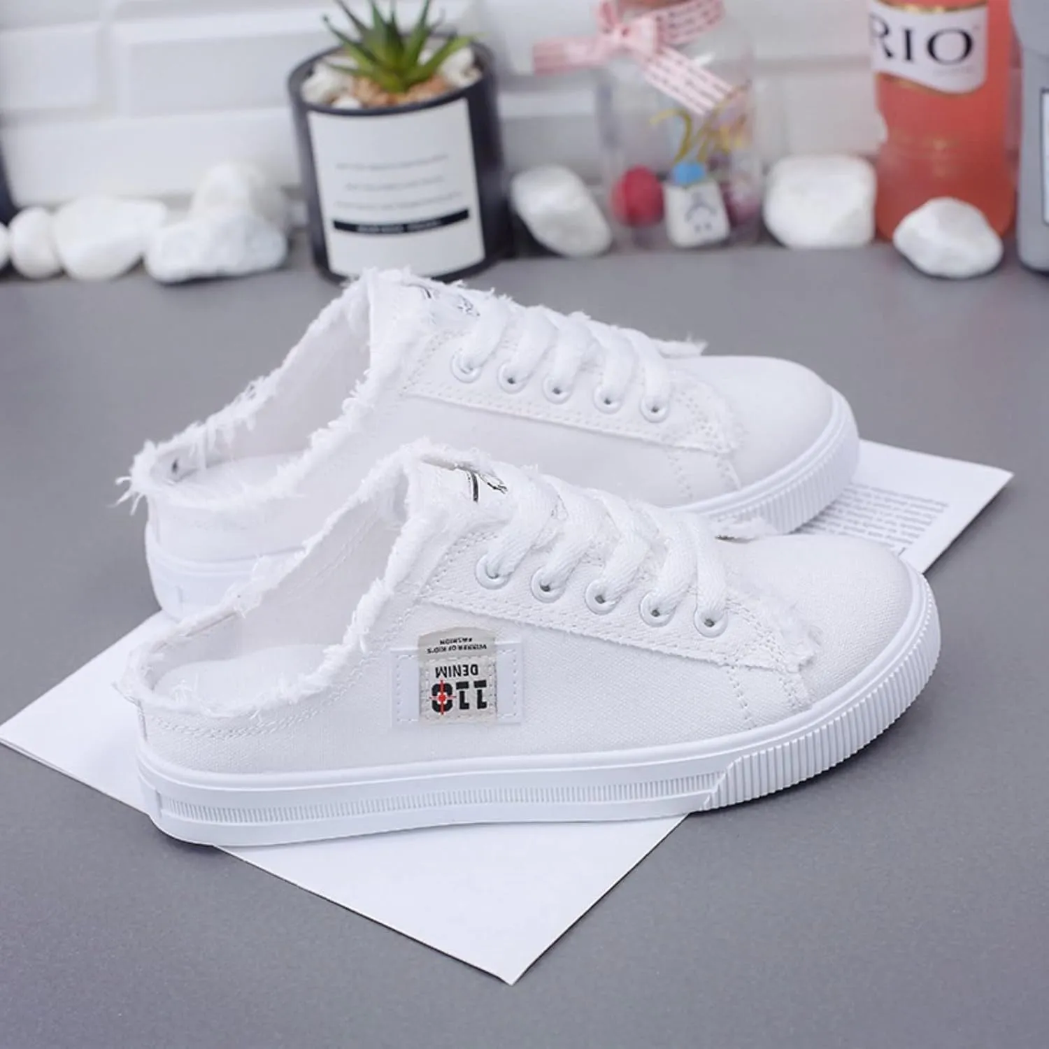 Canvas Shoes for Women Lace Up Slip on Sneakers Fashion Comfortable Solid Color Slippers Casual Shoes for Ladies
