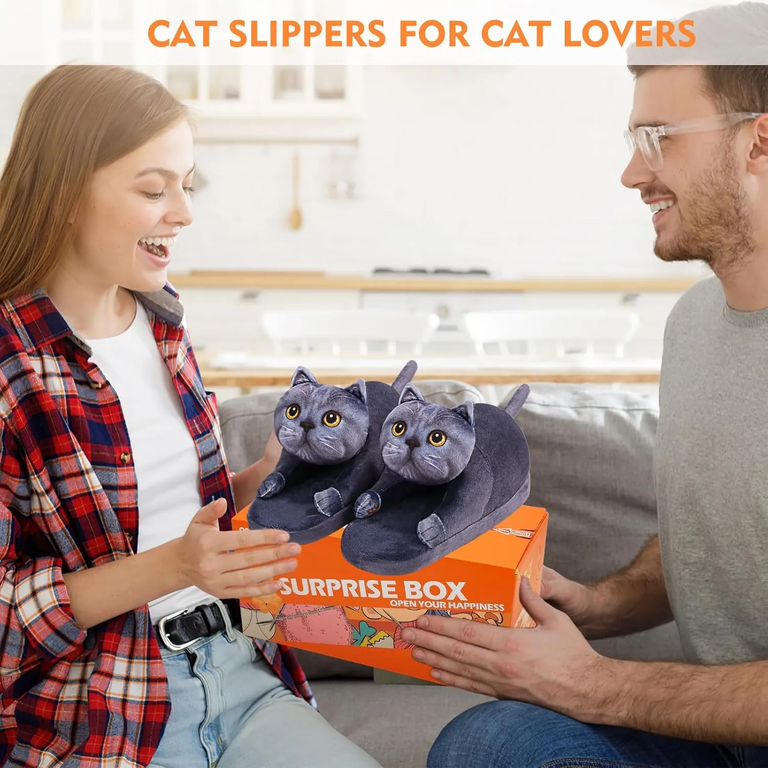 Cat Slippers for Women, Cute Fuzzy Animal Slippers For Indoor and Outdoor, Comfy Non-Slip Memory Foam Sole, Funny Cat Lover Gifts for Women