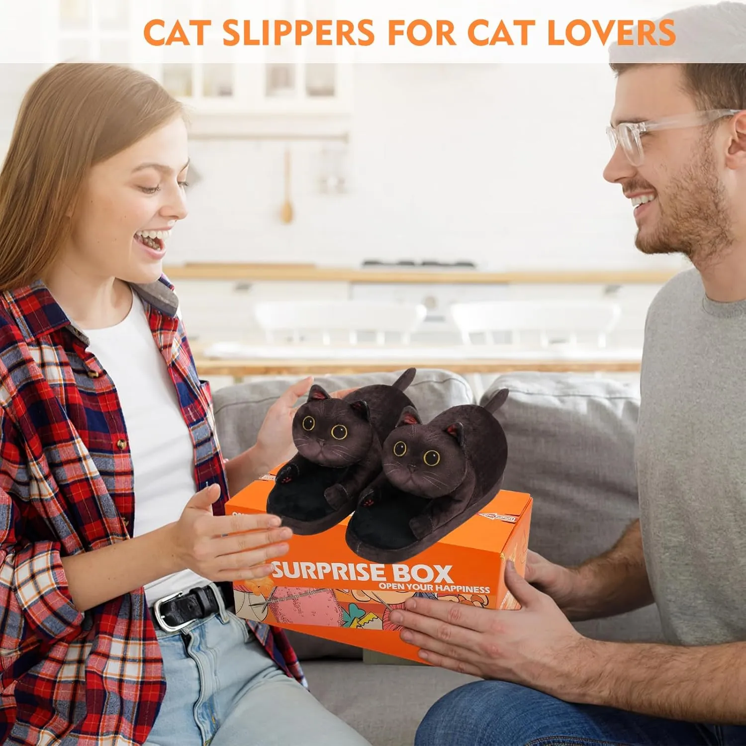 Cat Slippers for Women, Cute Fuzzy Animal Slippers For Indoor and Outdoor, Comfy Non-Slip Memory Foam Sole, Funny Cat Lover Gifts for Women
