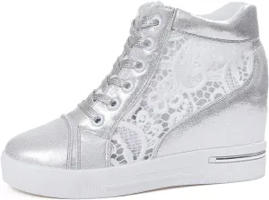 Cathalem High Heeld Sneakers for Women, Ladies Hidden Heel Sneakers Lace Up Shoes High Top Sneakers Fashion Canvas Shoes