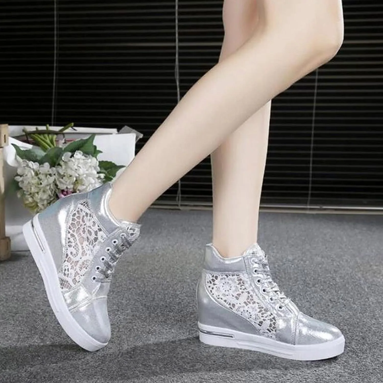 Cathalem High Heeld Sneakers for Women, Ladies Hidden Heel Sneakers Lace Up Shoes High Top Sneakers Fashion Canvas Shoes