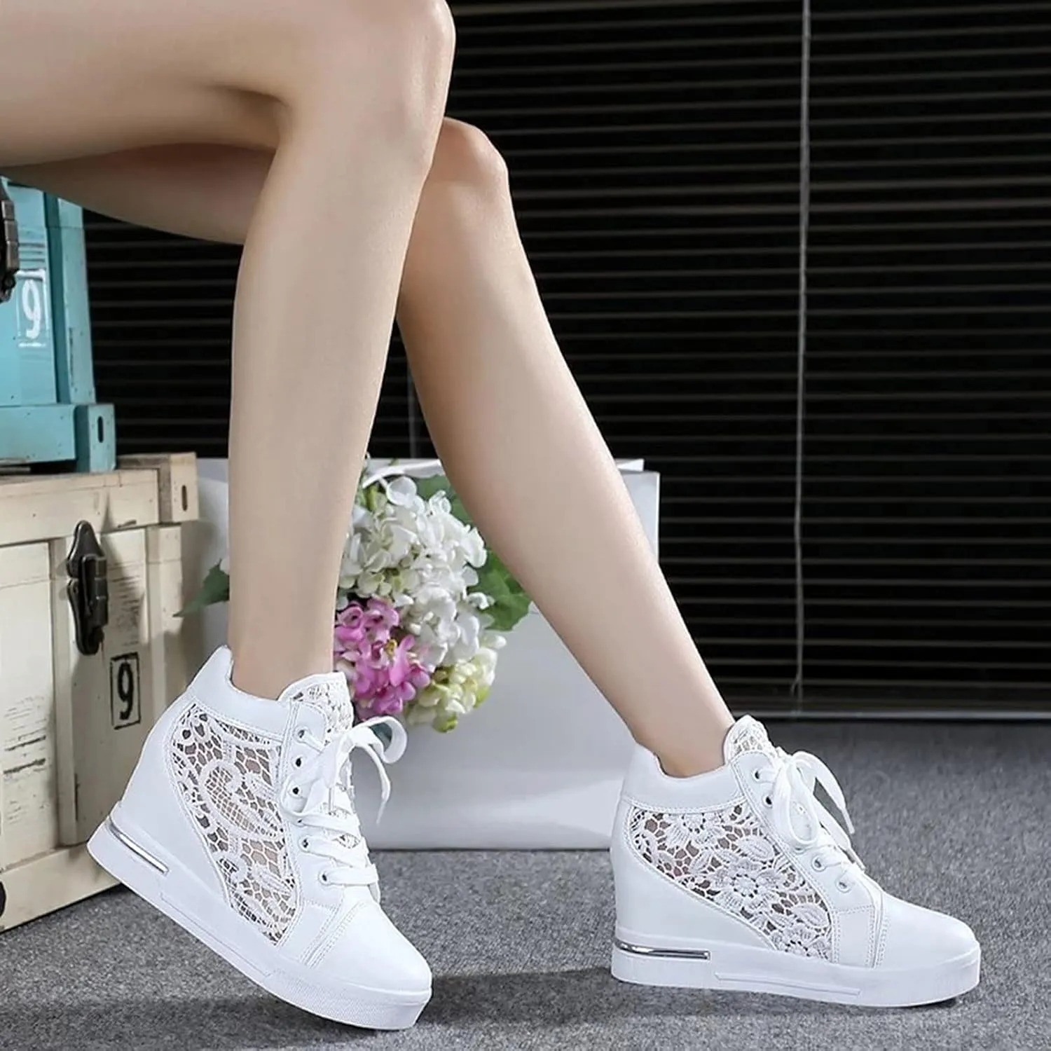 Cathalem High Heeld Sneakers for Women, Ladies Hidden Heel Sneakers Lace Up Shoes High Top Sneakers Fashion Canvas Shoes