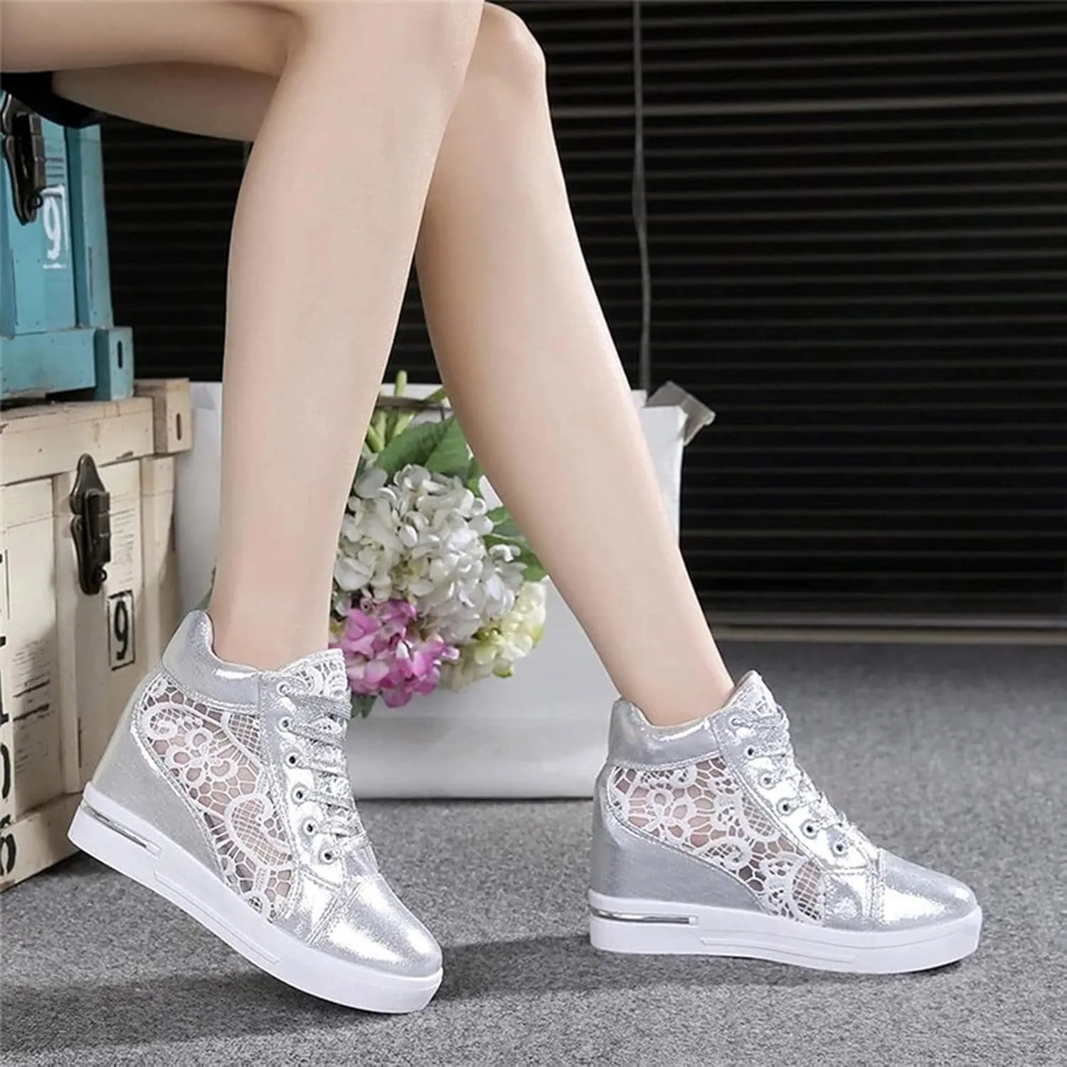 Cathalem High Heeld Sneakers for Women, Ladies Hidden Heel Sneakers Lace Up Shoes High Top Sneakers Fashion Canvas Shoes