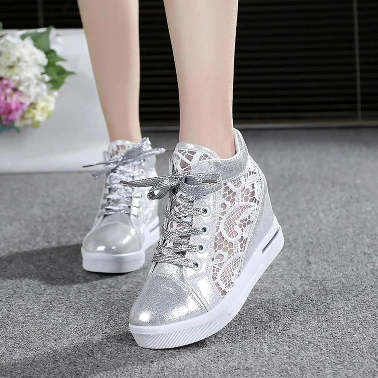 Cathalem High Heeld Sneakers for Women, Ladies Hidden Heel Sneakers Lace Up Shoes High Top Sneakers Fashion Canvas Shoes