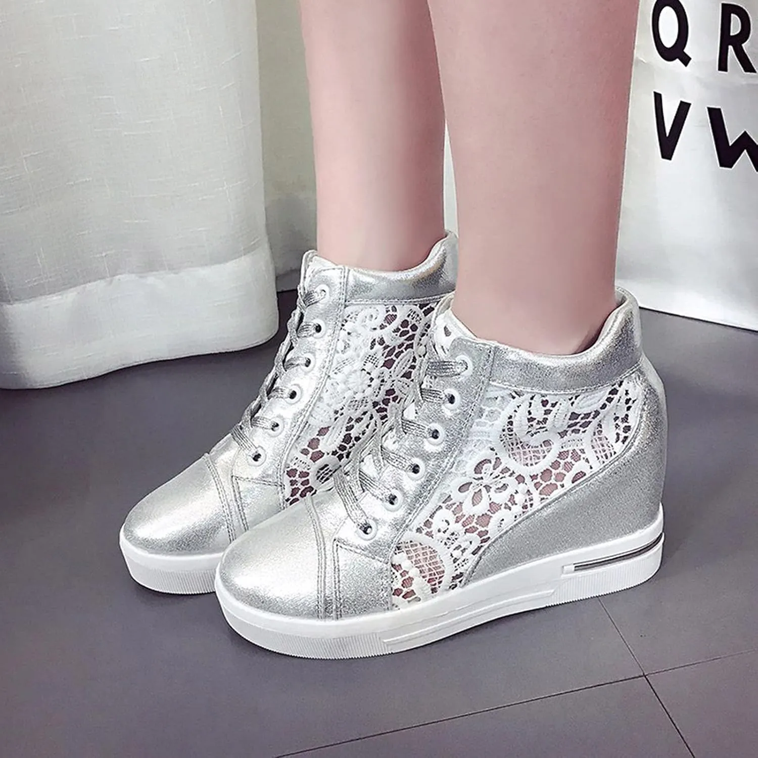 Cathalem High Heeld Sneakers for Women, Ladies Hidden Heel Sneakers Lace Up Shoes High Top Sneakers Fashion Canvas Shoes