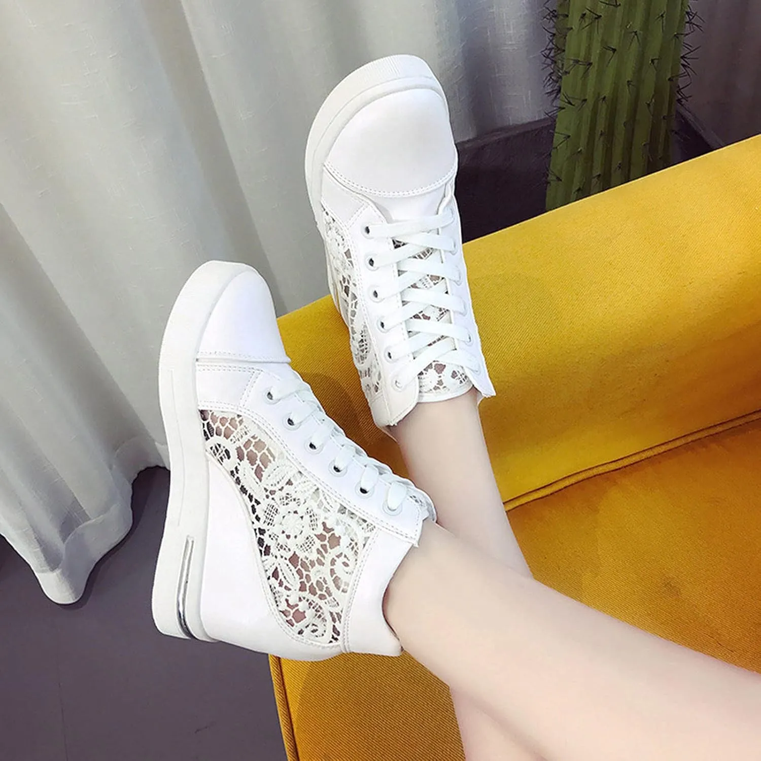 Cathalem Orthopedic Sneakers for Women, Ladies Hidden Heel Sneakers Lace Up Shoes High Top Sneakers Fashion Canvas Shoes