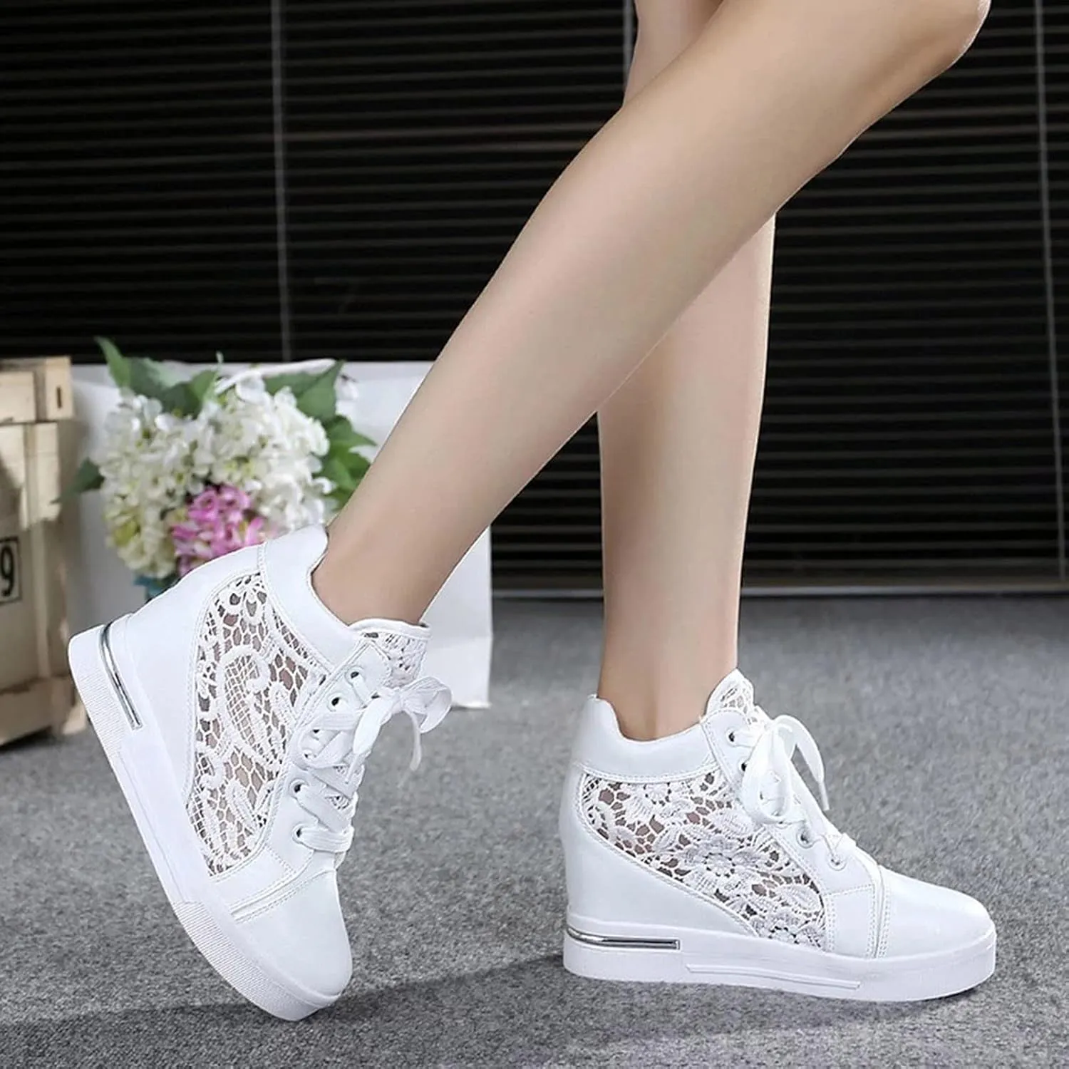 Cathalem Orthopedic Sneakers for Women, Ladies Hidden Heel Sneakers Lace Up Shoes High Top Sneakers Fashion Canvas Shoes