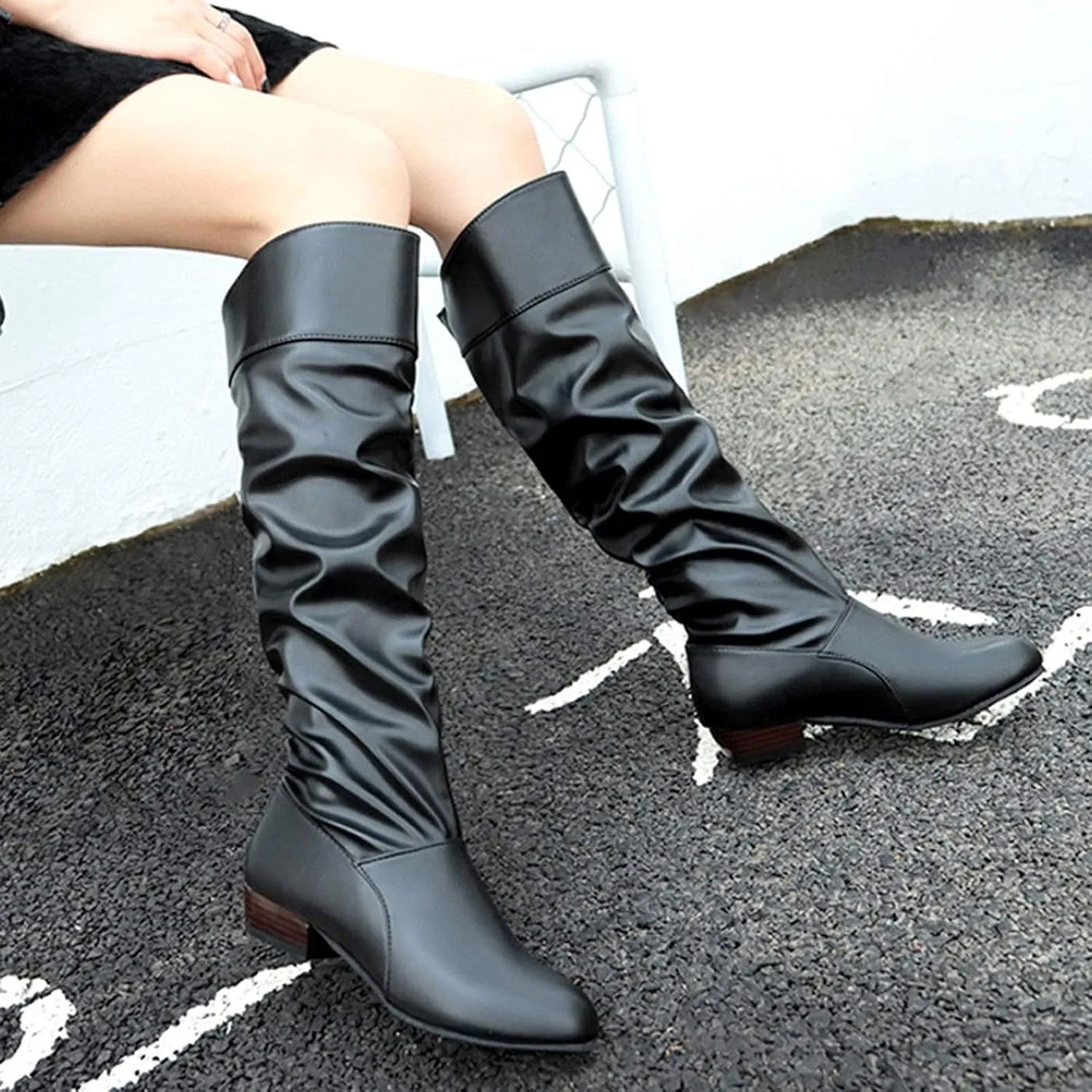 Cowboy Boots for Women Wide Width Boot Leather Boots Mid Calf Slouchy Round Toe Vintage Booties Winter Dressy Shoes