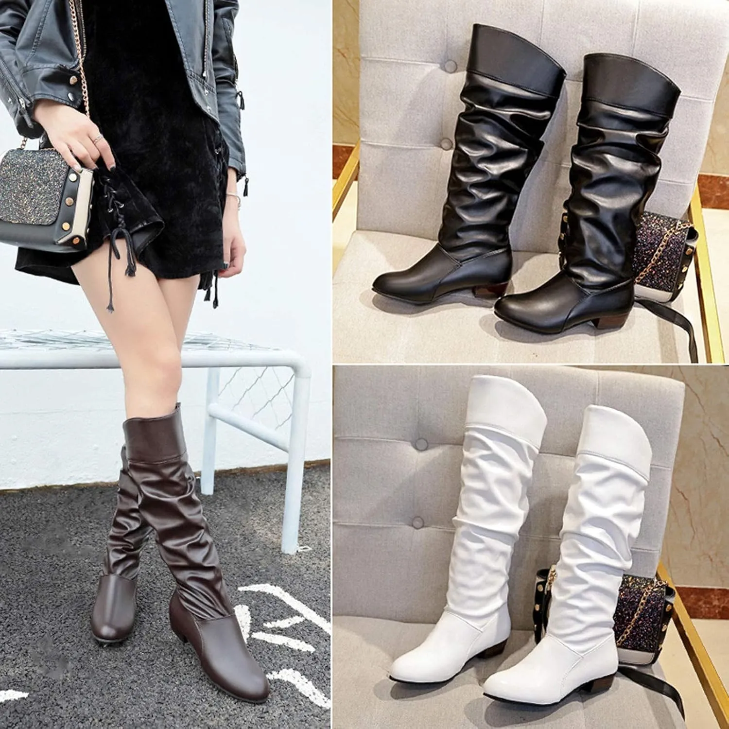 Cowboy Boots for Women Wide Width Boot Leather Boots Mid Calf Slouchy Round Toe Vintage Booties Winter Dressy Shoes