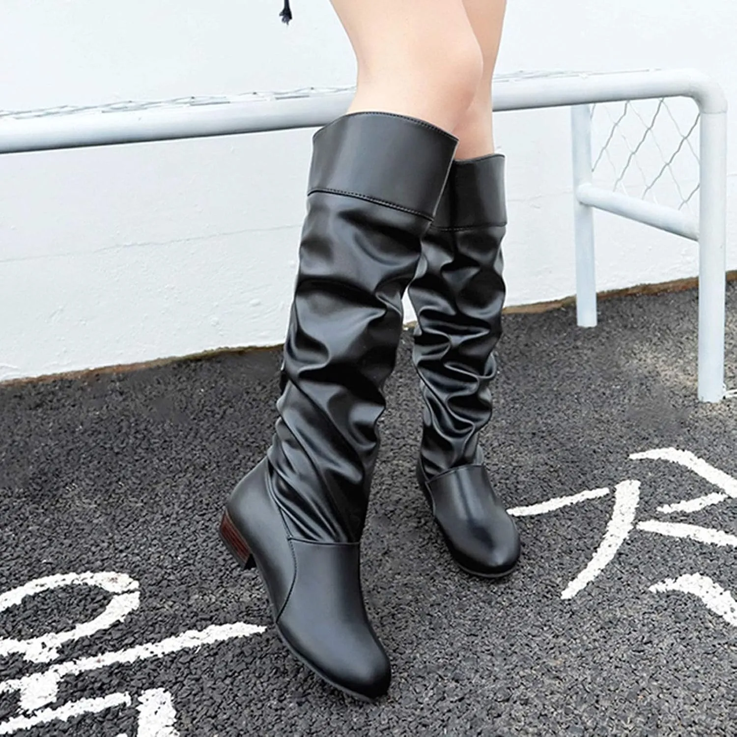 Cowboy Boots for Women Wide Width Boot Leather Boots Mid Calf Slouchy Round Toe Vintage Booties Winter Dressy Shoes
