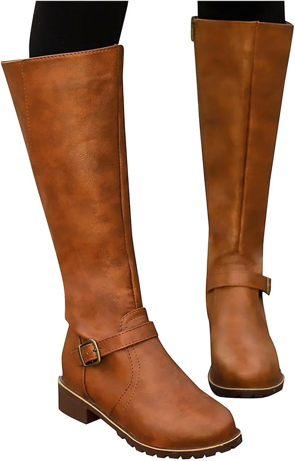 Cowboy Boots for Women Wide Width Boot Leather Boots Mid Calf Slouchy Round Toe Vintage Booties Winter Dressy Shoes