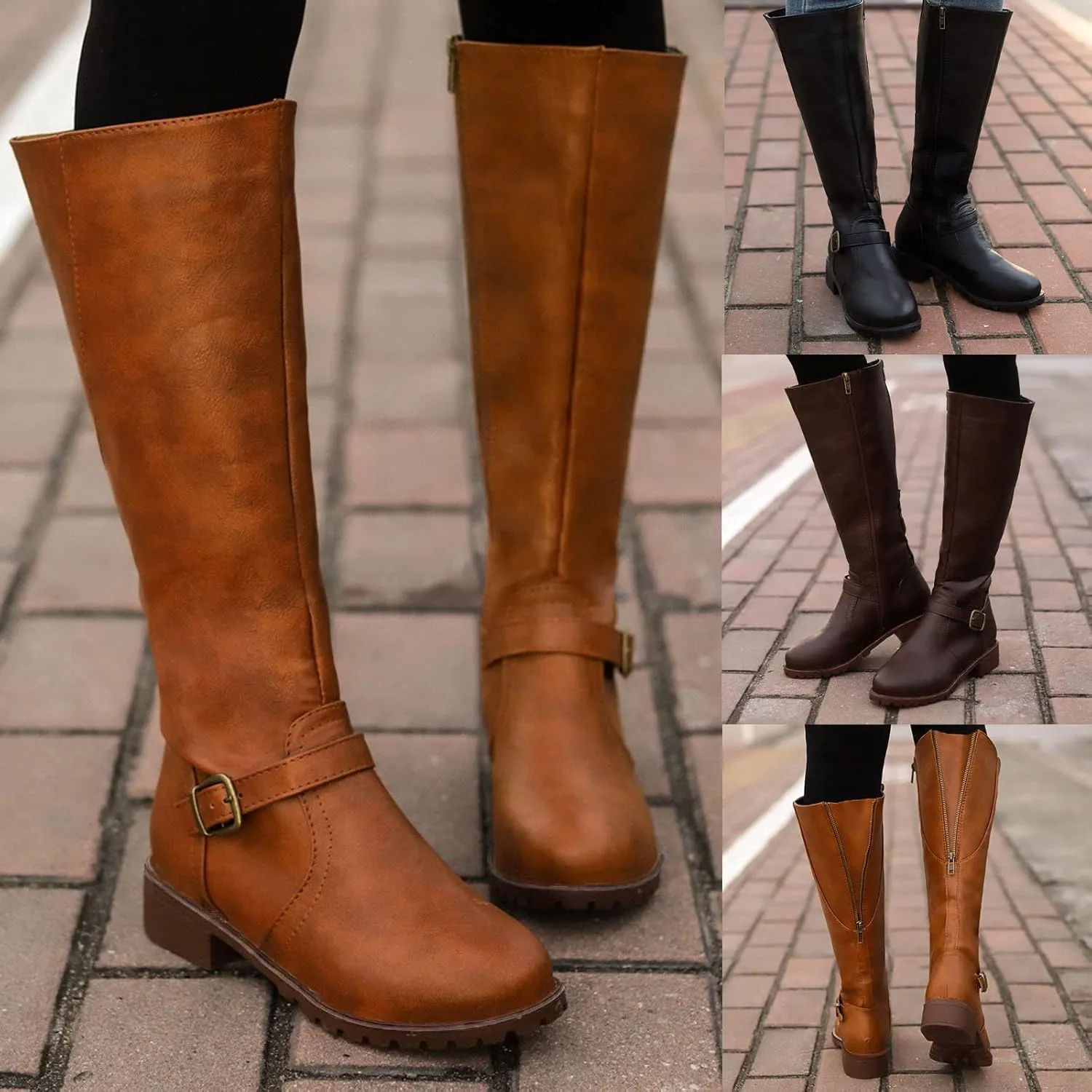 Cowboy Boots for Women Wide Width Boot Leather Boots Mid Calf Slouchy Round Toe Vintage Booties Winter Dressy Shoes
