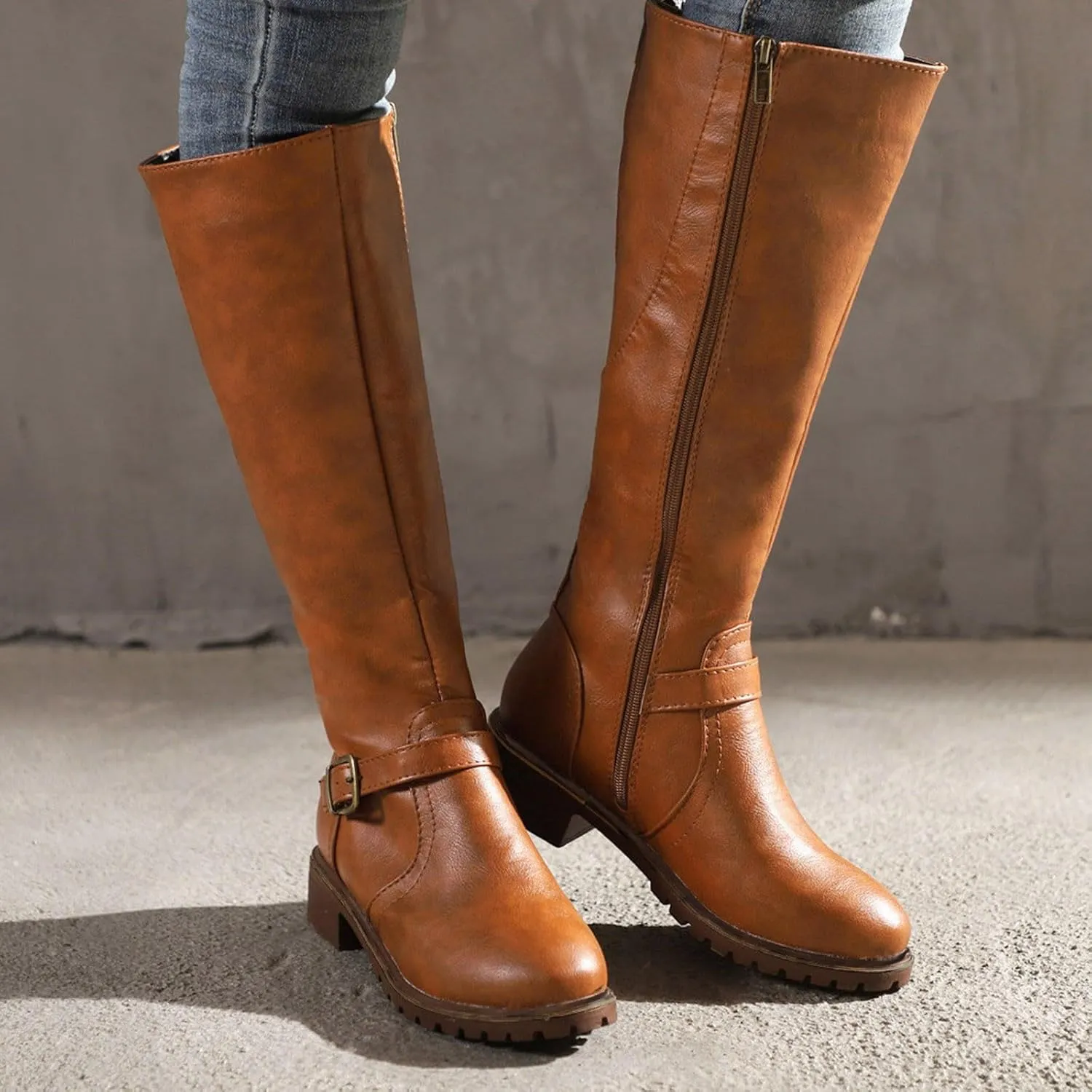 Cowboy Boots for Women Wide Width Boot Leather Boots Mid Calf Slouchy Round Toe Vintage Booties Winter Dressy Shoes